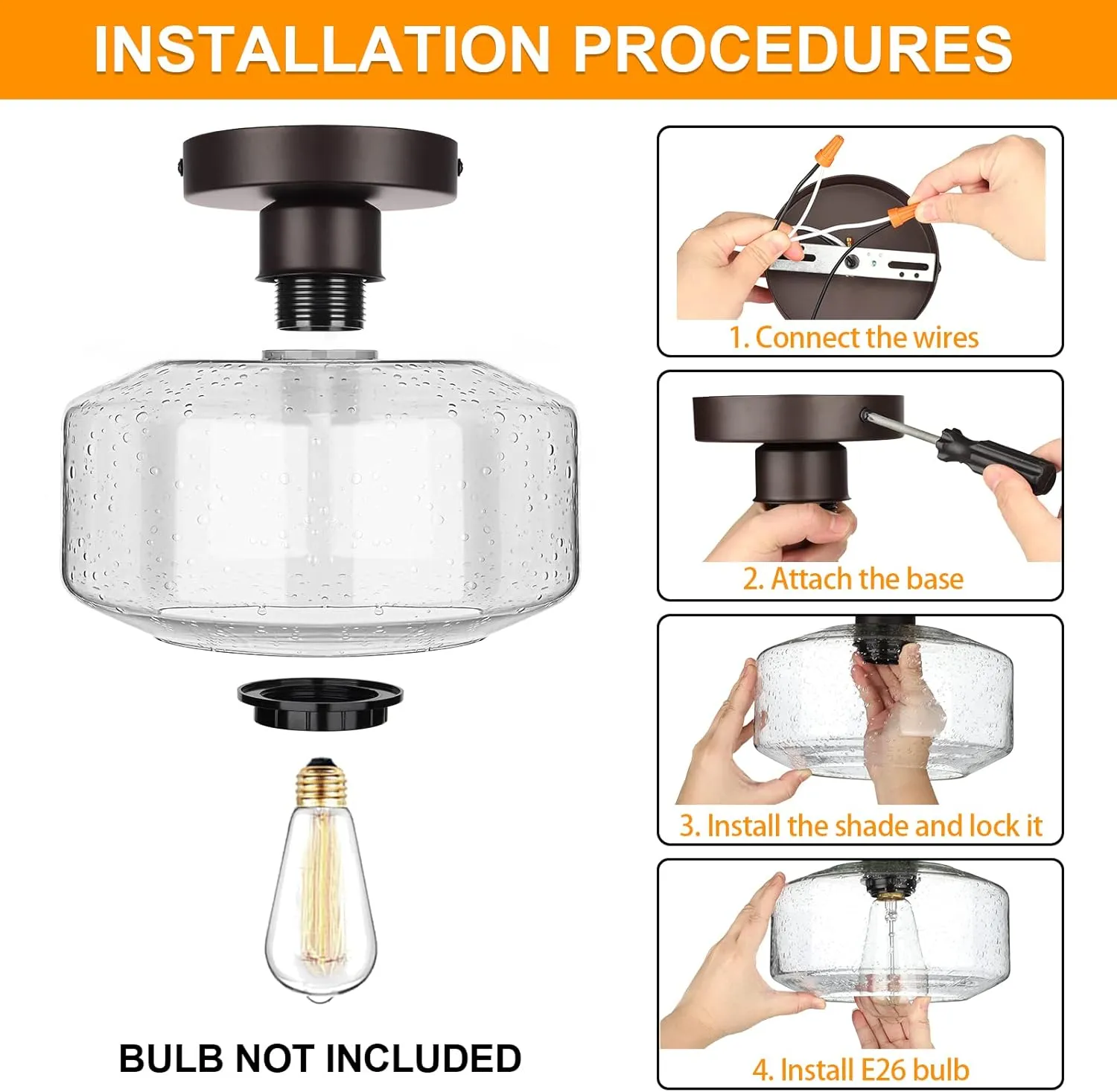 SunRider Industrial Semi-Flush Mount Ceiling Light Fixture, Seeded Glass Pendant Lamp Shade, Brown Indoor Farmhouse Lights for Hallway Porch Bedroom