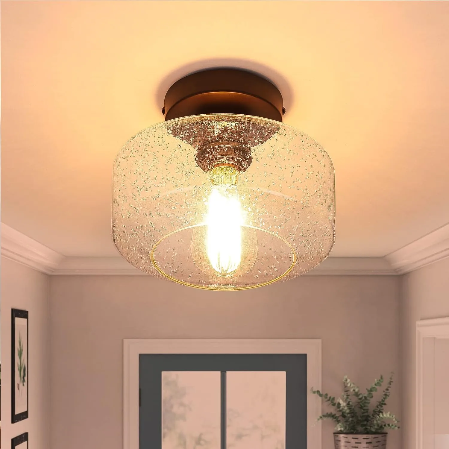 SunRider Industrial Semi-Flush Mount Ceiling Light Fixture, Seeded Glass Pendant Lamp Shade, Brown Indoor Farmhouse Lights for Hallway Porch Bedroom