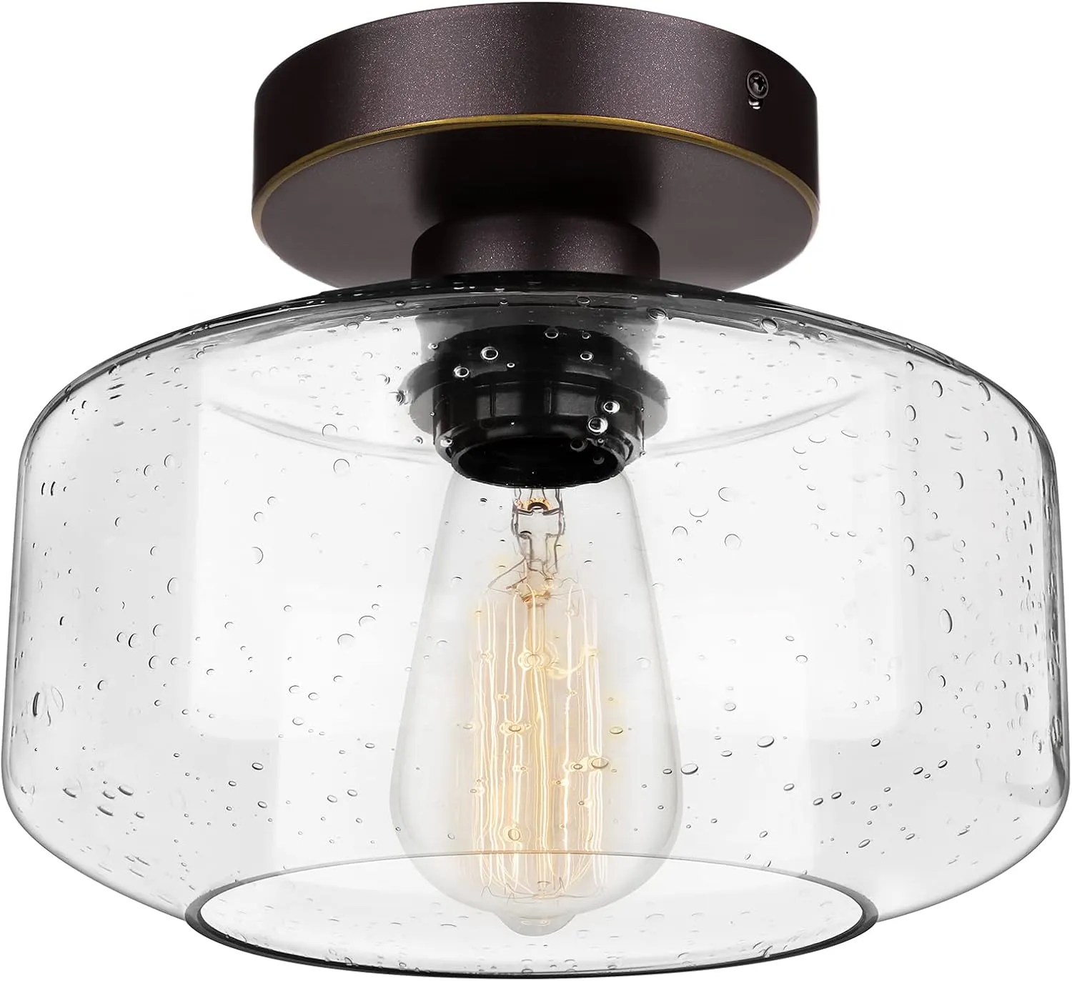 SunRider Industrial Semi-Flush Mount Ceiling Light Fixture, Seeded Glass Pendant Lamp Shade, Oil Rubbed Bronze Farmhouse Lights for Hallway Bedroom