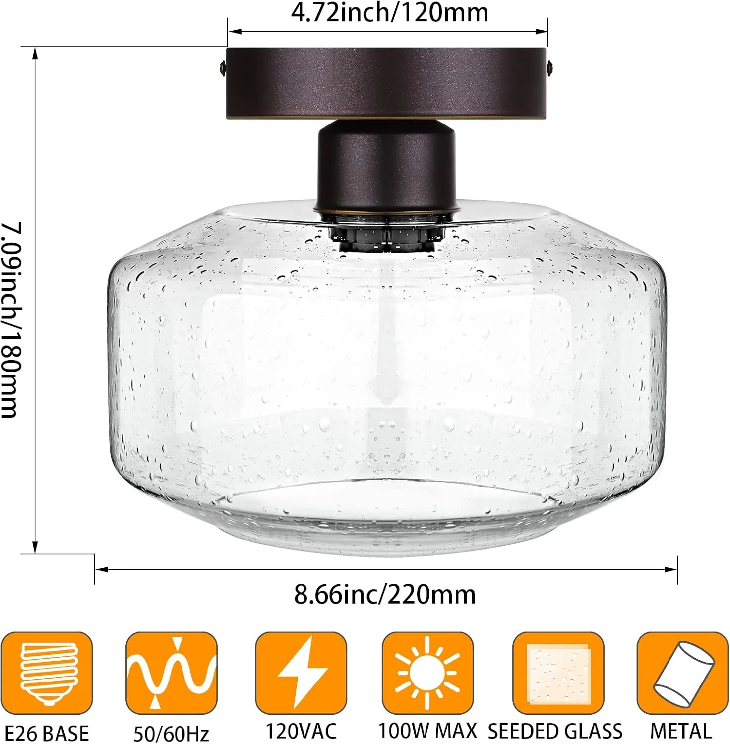 SunRider Industrial Semi-Flush Mount Ceiling Light Fixture, Seeded Glass Pendant Lamp Shade, Oil Rubbed Bronze Farmhouse Lights for Hallway Bedroom