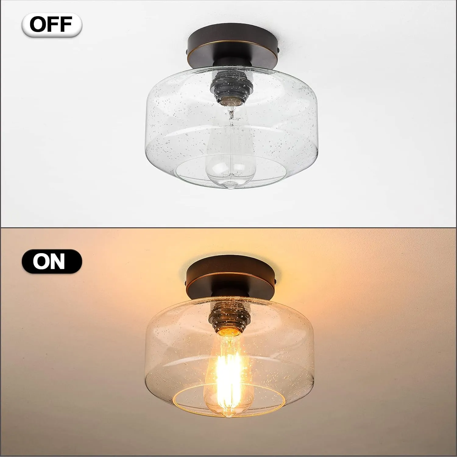 SunRider Industrial Semi-Flush Mount Ceiling Light Fixture, Seeded Glass Pendant Lamp Shade, Oil Rubbed Bronze Farmhouse Lights for Hallway Bedroom