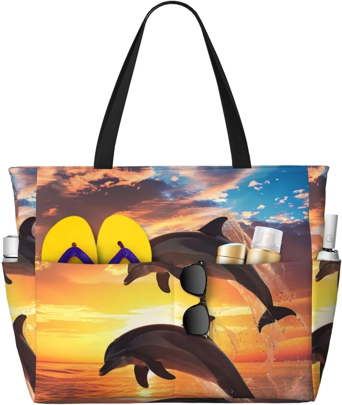 Sunset Dolphin Jumping Beach Bag Sea Ocean Pool Bag for Women Waterproof Large Travel Tote with Zipper Organizer for Swimming Vacation Essentials