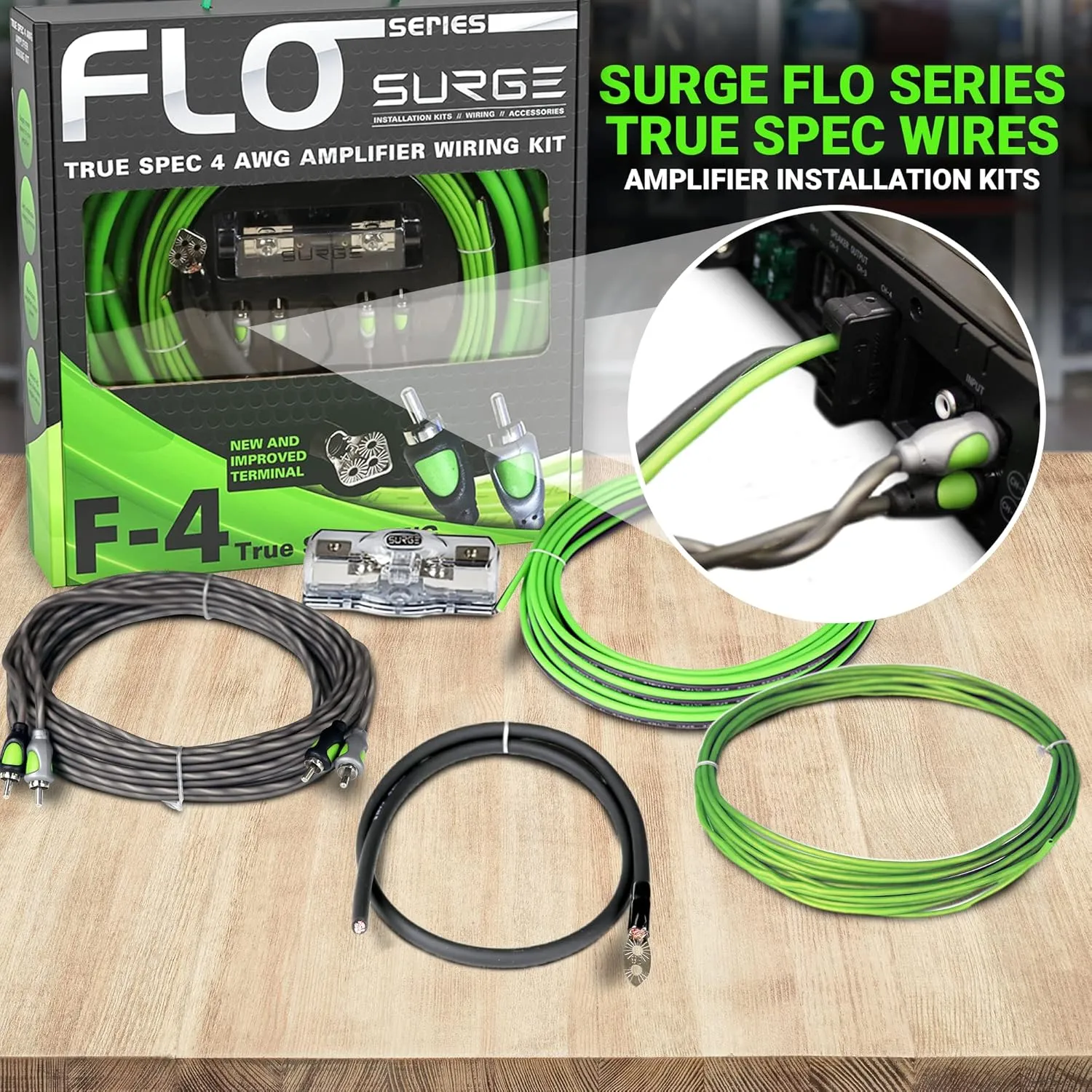 Surge Series Amplifier Installation Wiring Kit - 4 Gauge Installer Amp Kit & PAC SNI-35 Variable LOC Line Out Converter