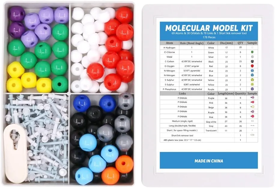 Swpeet 178 Pcs Molecular Model Kit for Inorganic & Organic Molecular Model Teacher and 16 Years and Over Teenages Kit - 69 Atoms & 30 Orbitals & 78 Links & 1 Short Link Remover Tool - Science Toys