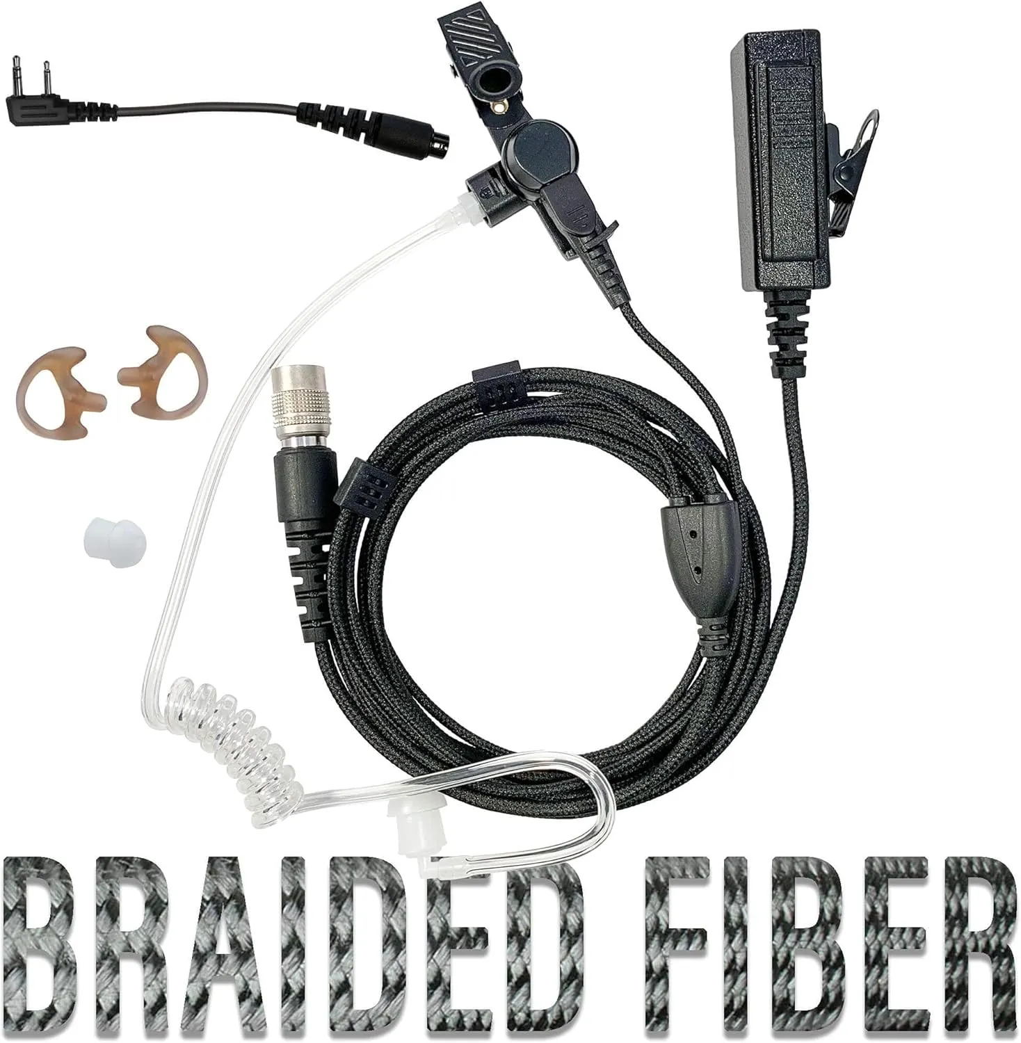 Tactical Mic & Earpiece Braided Fiber Kit - Quick Disconnect Compatible with Baofeng, Kenwood TK & NEXEDGE (NX) 2-Pin, Rugged Radios, Diga-Talk, TYT, AnyTone, Relm/BK Radio
