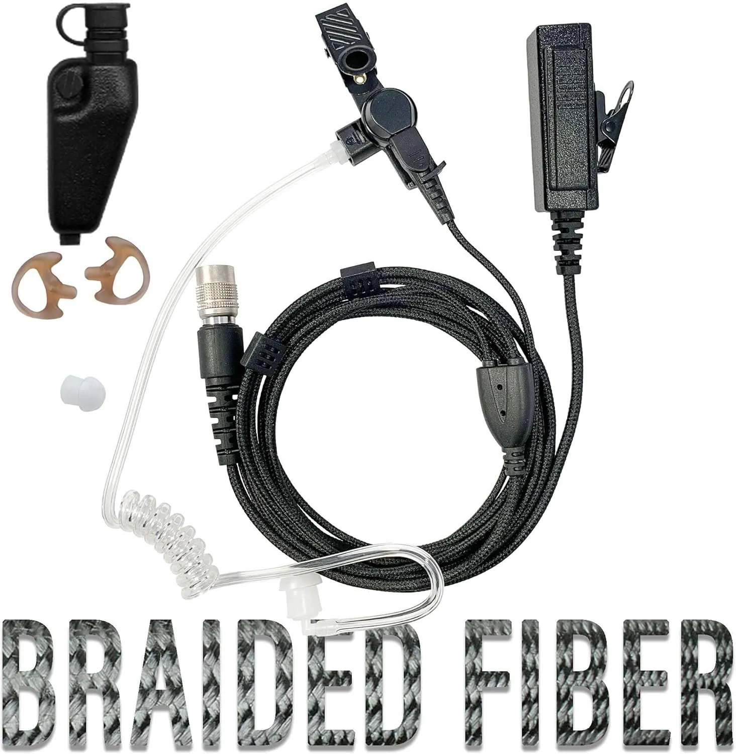 Tactical Mic & Earpiece Braided Fiber Kit - Quick Disconnect Compatible w/Kenwood Multi-Pin TK & NX Series, EF Johnson VP5000 VP6000 Series