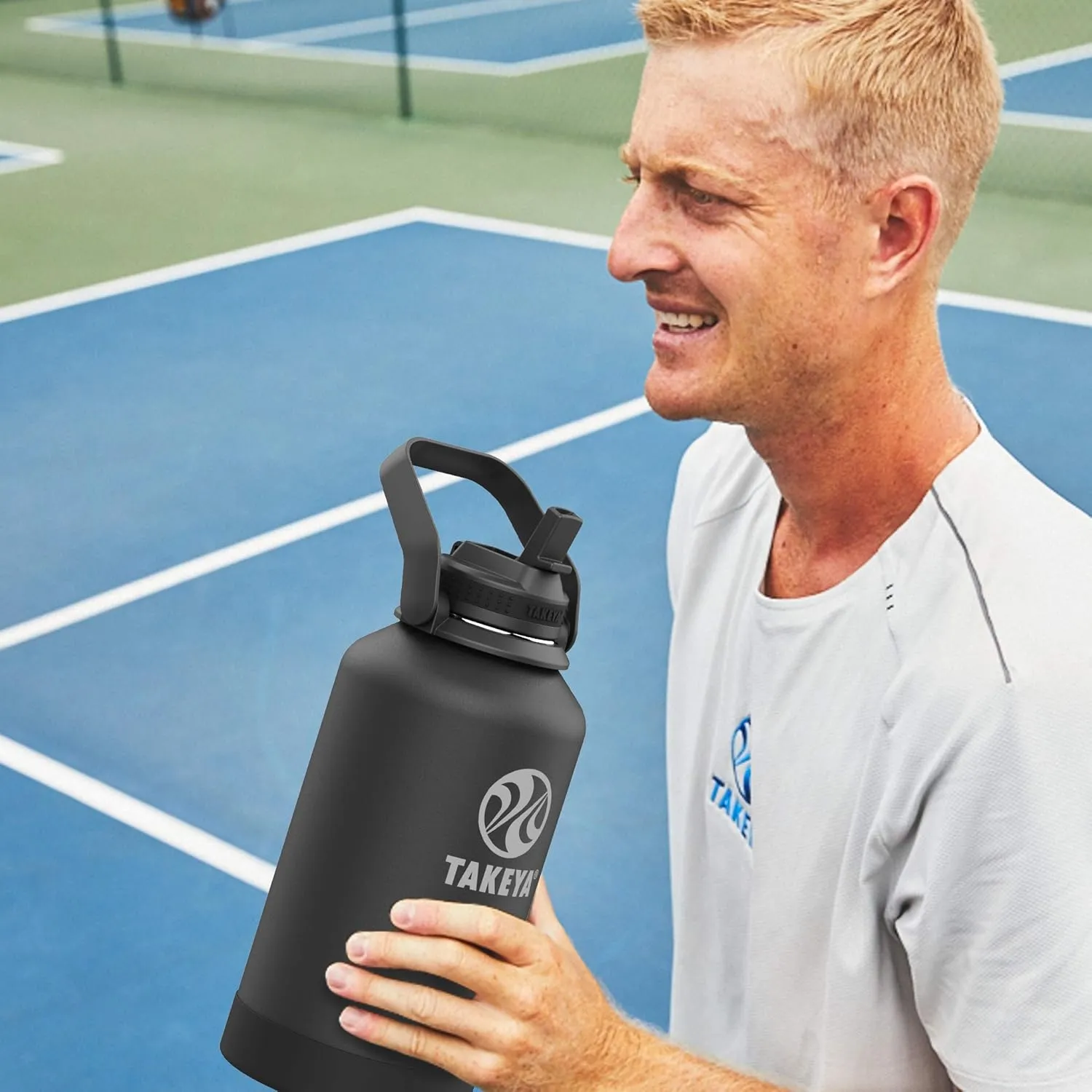 Takeya 885395530055 Actives Pickleball Insulated Stainless Steel Bottle, Spout Lid Rally Blue 40oz