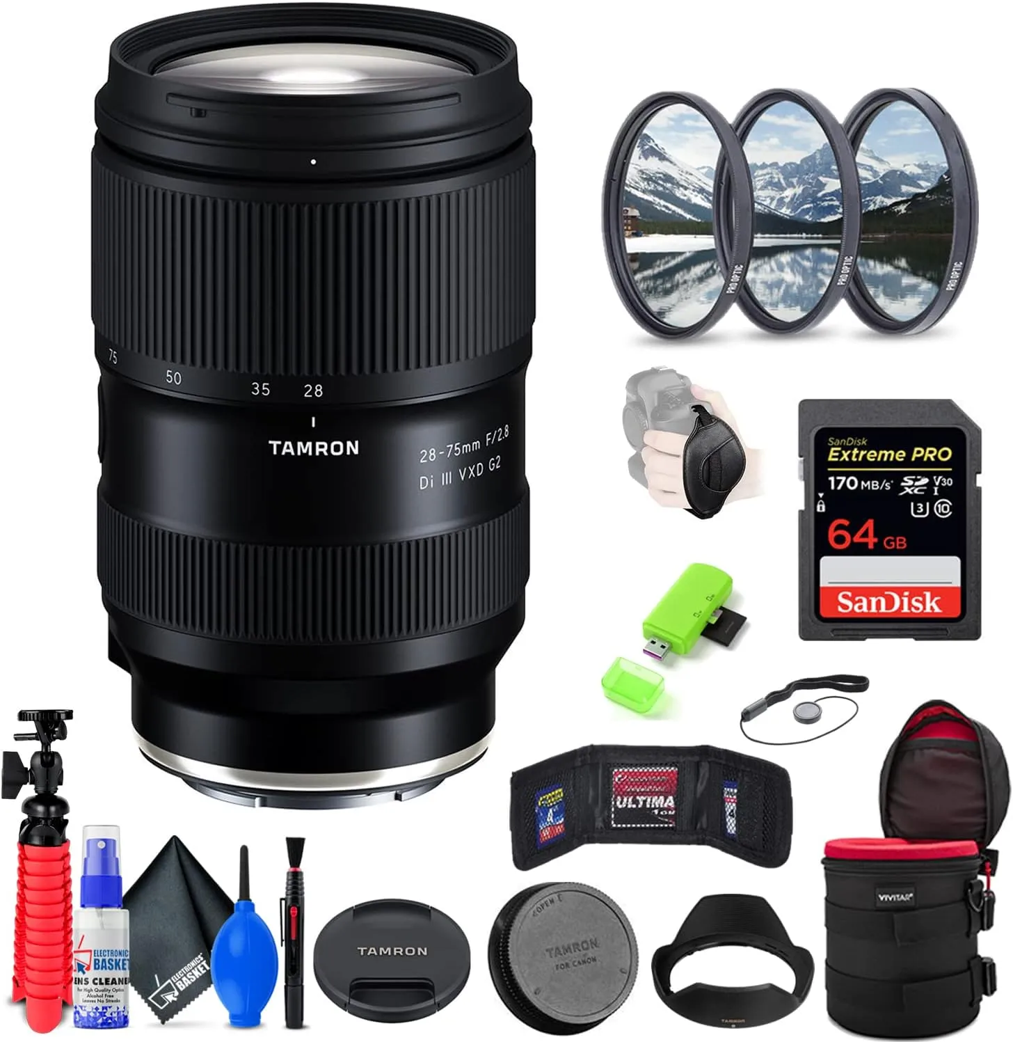 Tamron 28-75mm f/2.8 Di III VXD G2 Lens for Sony E (INTL Model) with 64GB Extreme Pro SD Card   67mm Filter Set   6-Inch Lens Case   Memory Card Wallet   Strap   Cleaning Kit