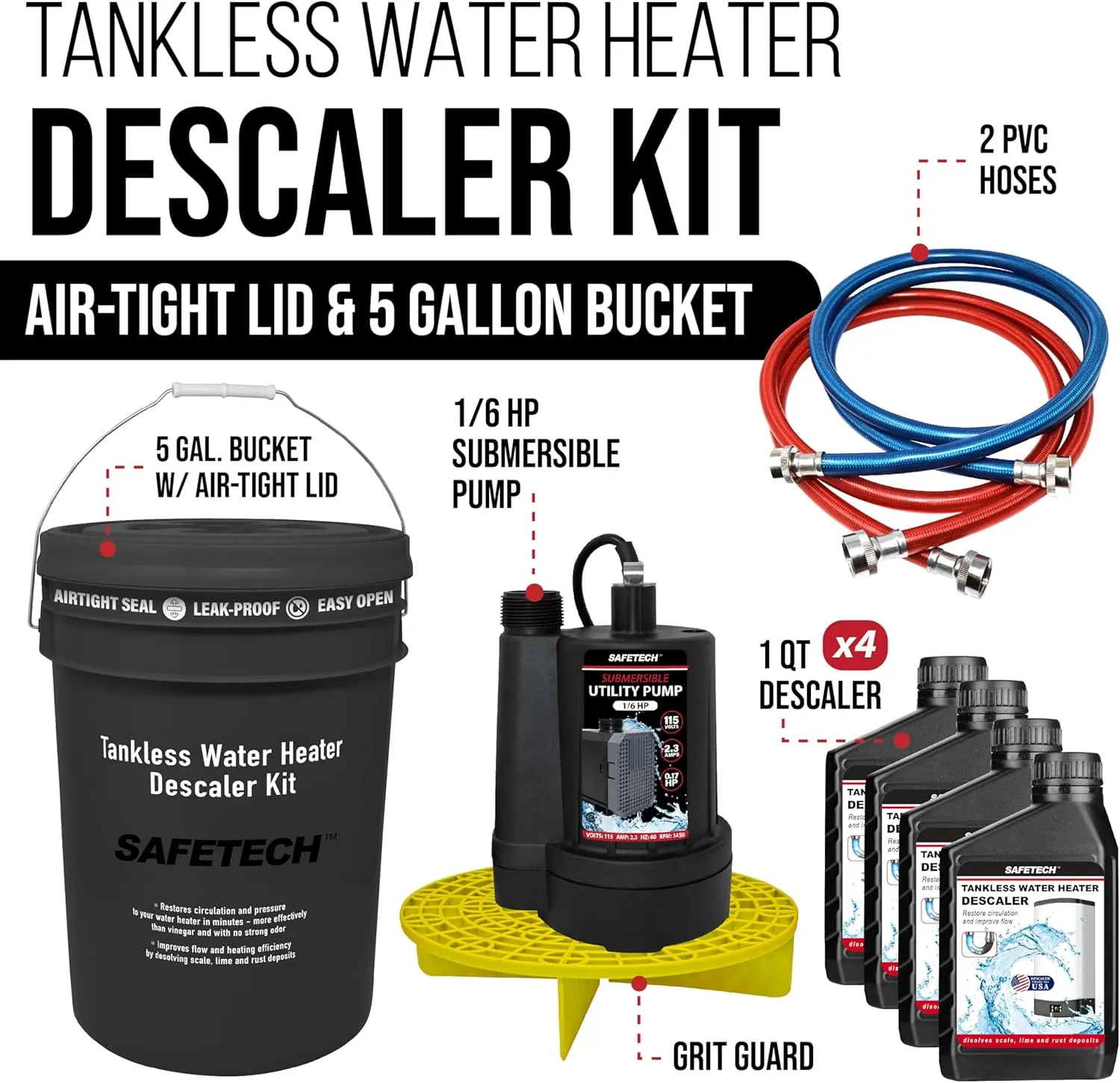 Tankless Water Heater Flushing Kit with 5-Gallon Screw-Top Lid, Premium Braided Hoses, 1/6 HP Utility Pump, 4 Quarts Descaler, and Pump Grate