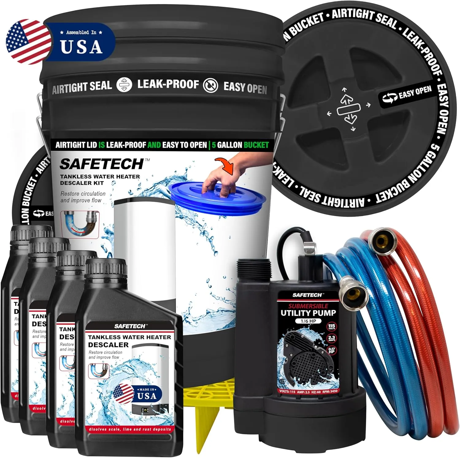 Tankless Water Heater Flushing Kit with 5-Gallon Screw-Top Lid, Premium Braided Hoses, 1/6 HP Utility Pump, 4 Quarts Descaler, and Pump Grate