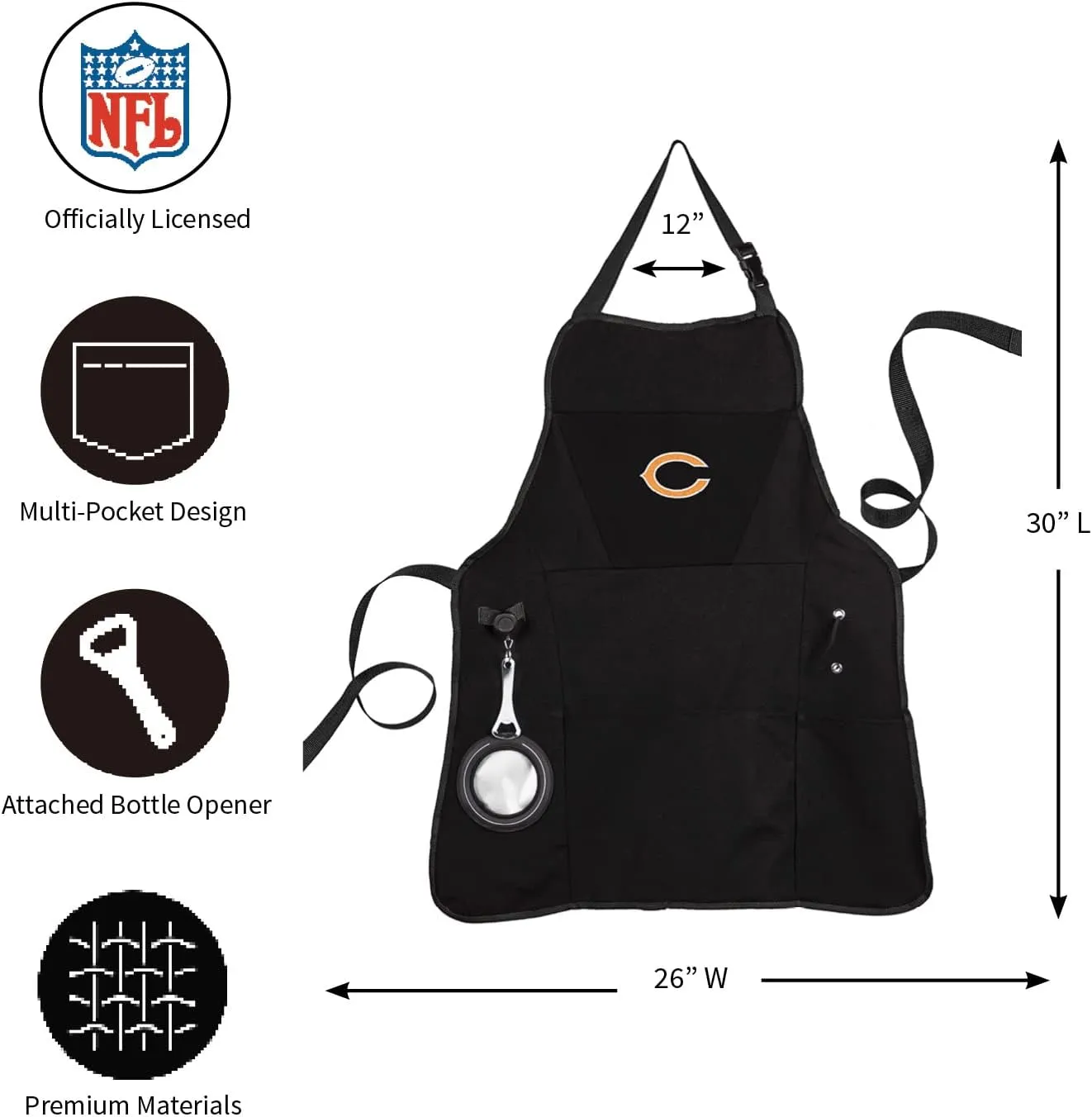 Team Sports America NFL Ultimate Grilling Apron with Bottle Opener and Insulated Beverage Holder, Adjustable Straps Men Women