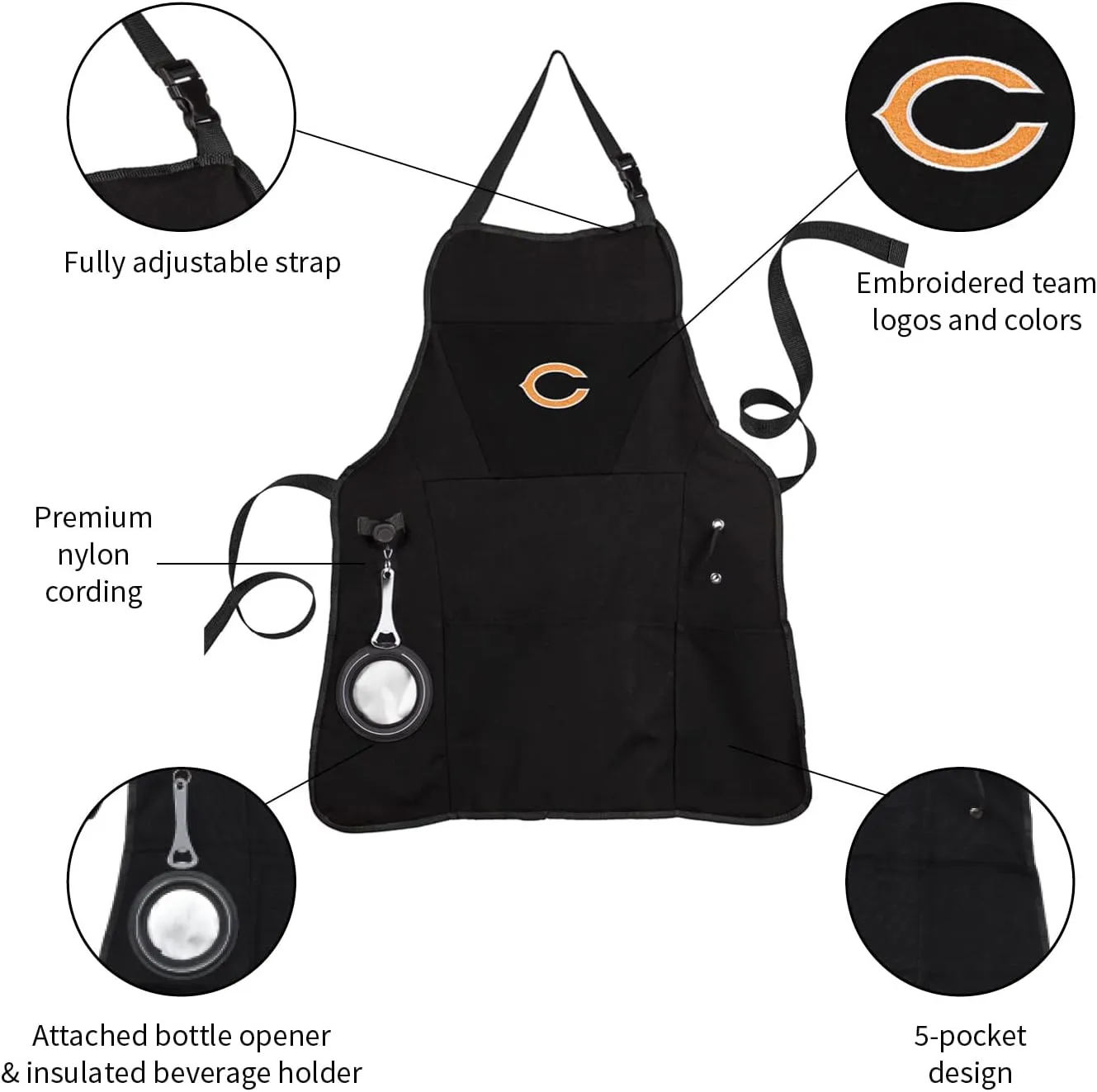 Team Sports America NFL Ultimate Grilling Apron with Bottle Opener and Insulated Beverage Holder, Adjustable Straps Men Women