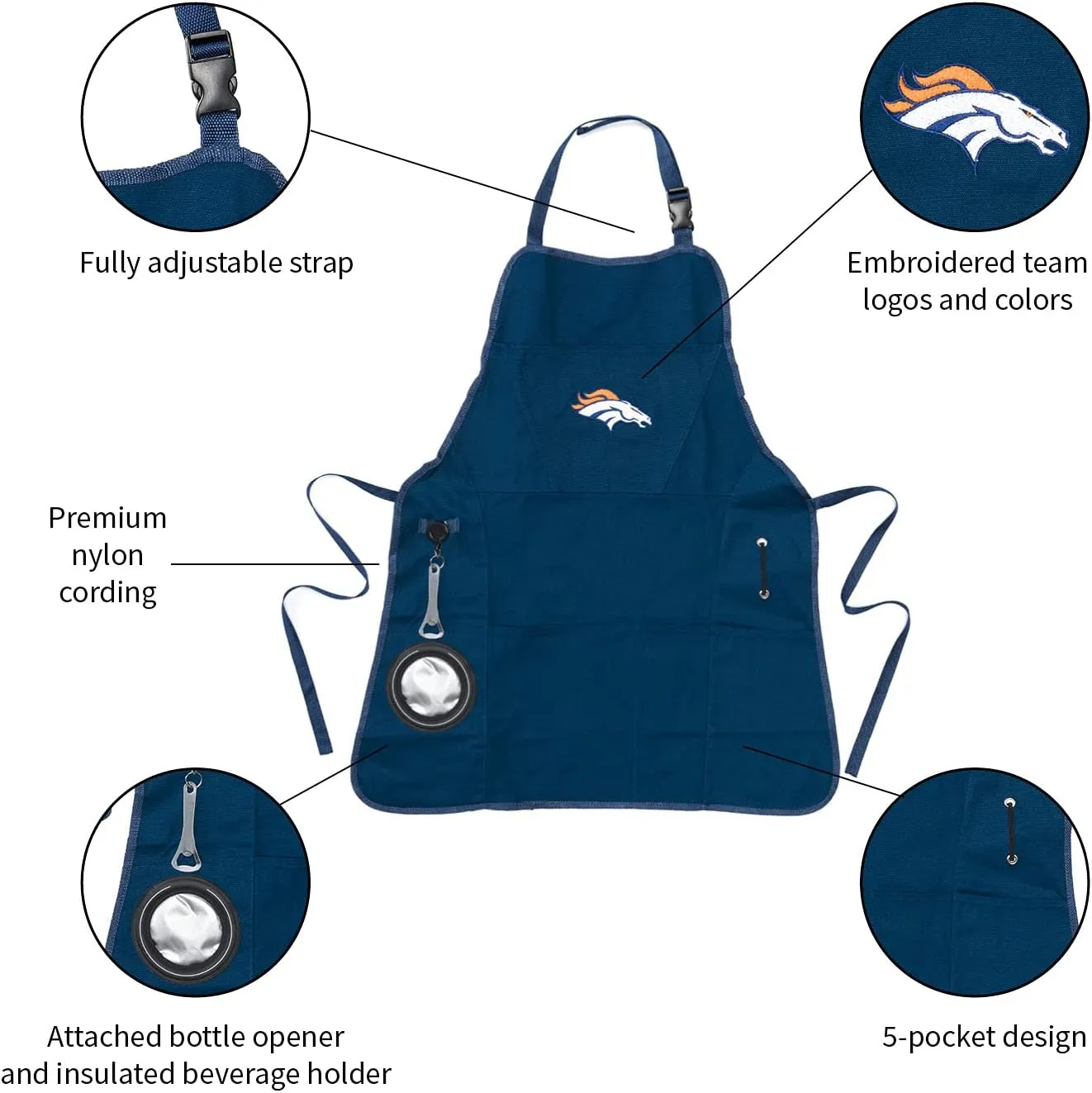 Team Sports America NFL Ultimate Grilling Apron with Bottle Opener and Insulated Beverage Holder, Adjustable Straps Men Women