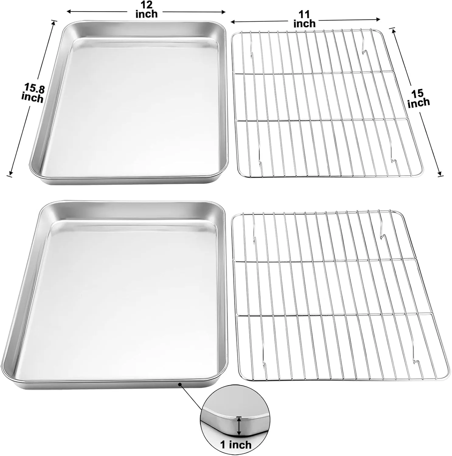TeamFar Baking Sheet with Rack Set (2 Pans   2 Racks), Stainless Steel Baking Pan Cookie Sheet for baking, Non Toxic & Healthy, Easy Clean & Dishwasher Safe - 4 Pack
