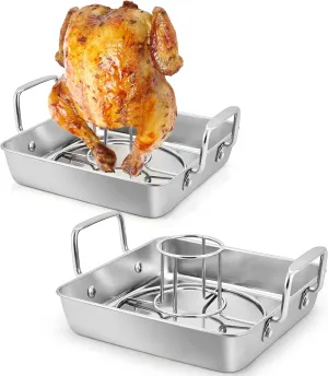 TeamFar Beer Can Chicken Holder (2 Pans   2 Racks), Stainless Steel Heavy Duty Roasting Drip Pans & Vertical Chicken Rack Stand for Grill Oven Smoker, Healthy & Heavy Duty, Dishwasher Safe