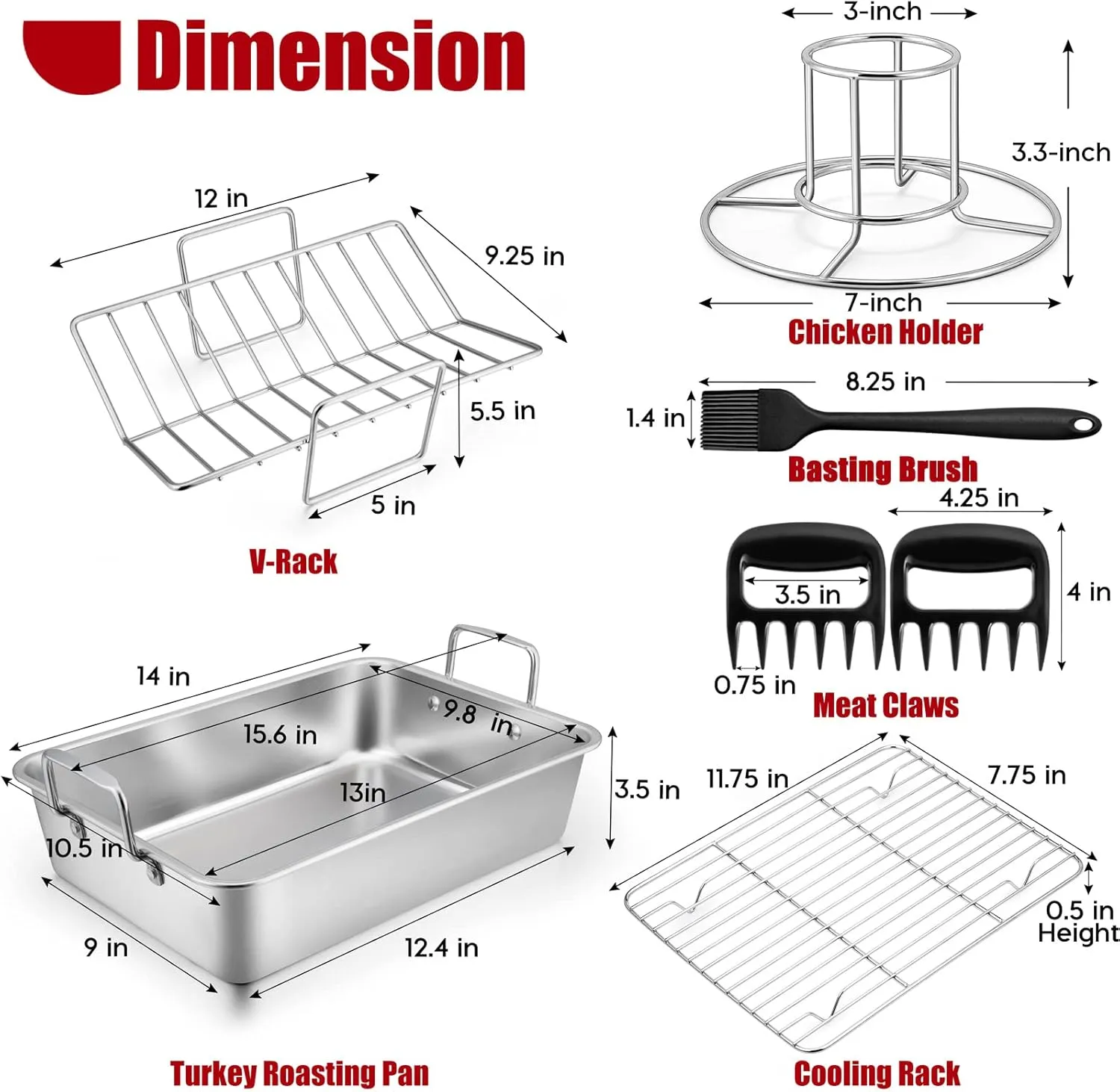 TeamFar Roasting Pan, 14 In Stainless Steel Turkey Roaster Pan with Cooling Rack & V Rack, Beer Can Chicken Holder/Meat Claws/Brush, Healthy & Dishwasher Safe, Set of 7