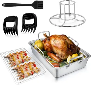 TeamFar Roasting Pan, 14 In Stainless Steel Turkey Roaster Pan with Cooling Rack & V Rack, Beer Can Chicken Holder/Meat Claws/Brush, Healthy & Dishwasher Safe, Set of 7