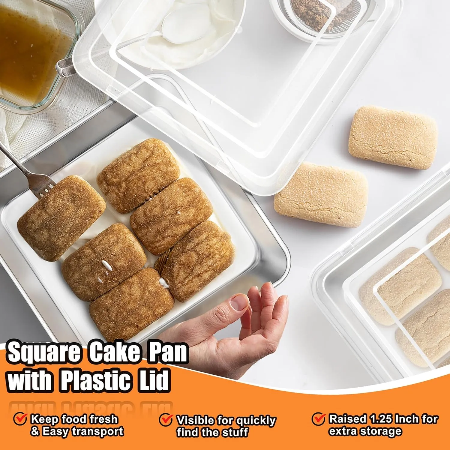 TeamFar Square Cake Pan, (4 Pans   4 Lids) Stainless Steel 9 Inch Square Baking Roasting Pan for Brownie Lasagna Cake, Non-Toxic & Heavy Duty, Easy Clean & Dishwasher Safe