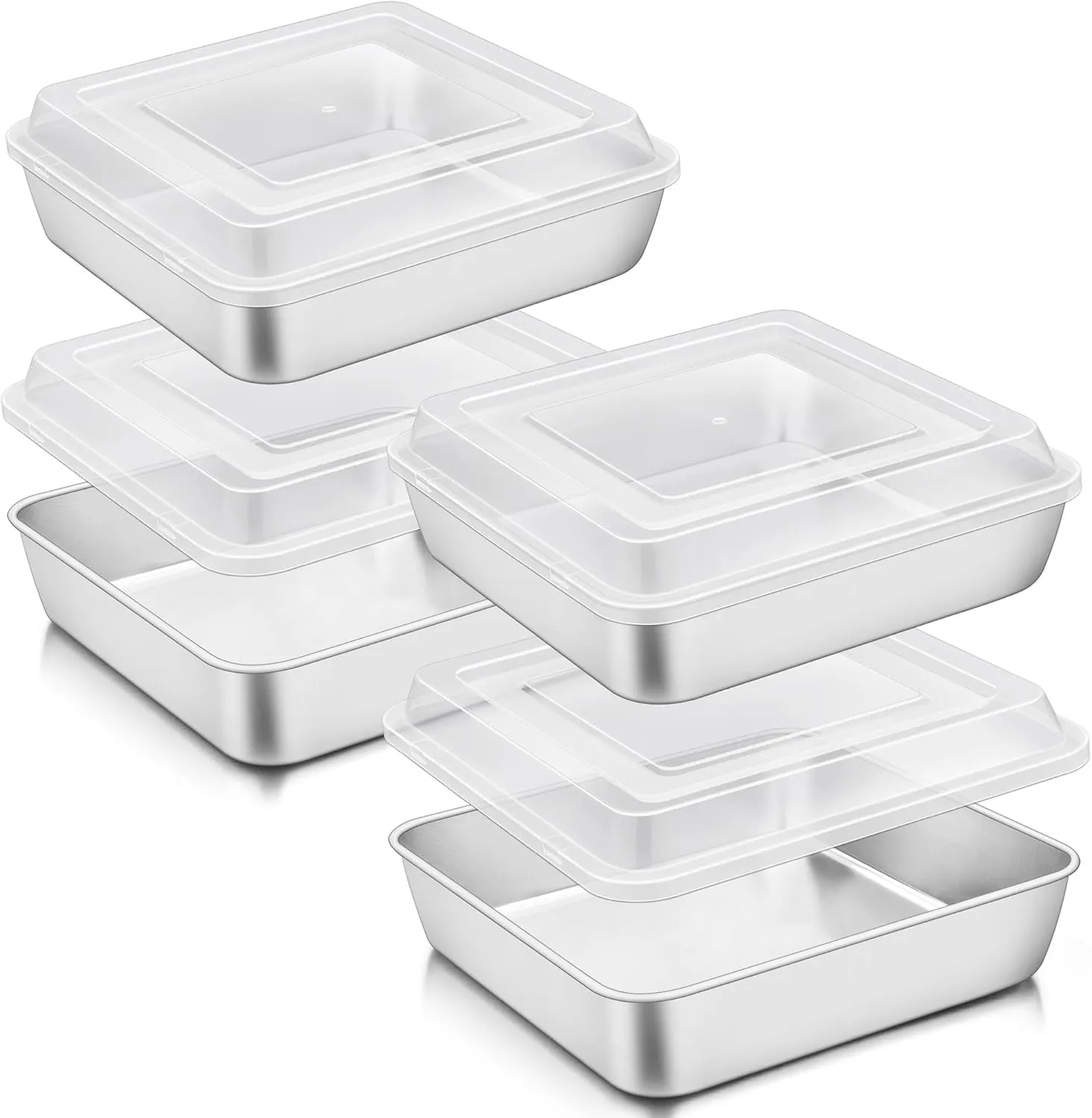 TeamFar Square Cake Pan, (4 Pans   4 Lids) Stainless Steel 9 Inch Square Baking Roasting Pan for Brownie Lasagna Cake, Non-Toxic & Heavy Duty, Easy Clean & Dishwasher Safe