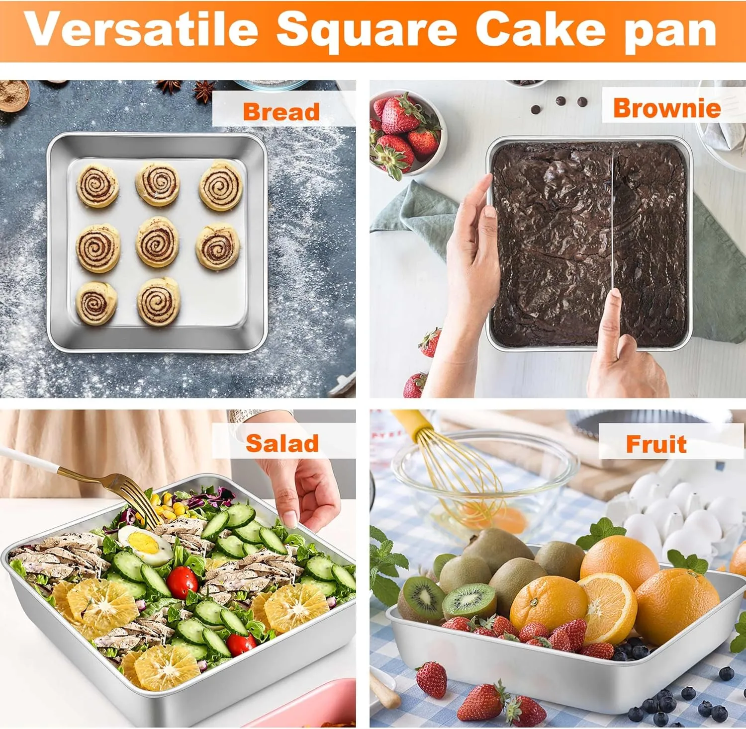 TeamFar Square Cake Pan, (4 Pans   4 Lids) Stainless Steel 9 Inch Square Baking Roasting Pan for Brownie Lasagna Cake, Non-Toxic & Heavy Duty, Easy Clean & Dishwasher Safe