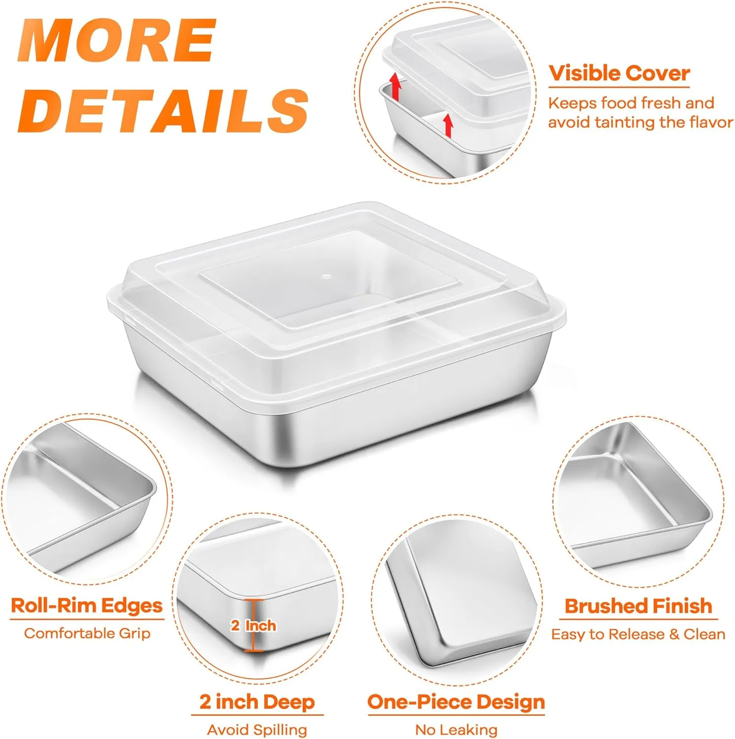 TeamFar Square Cake Pan, (4 Pans   4 Lids) Stainless Steel 9 Inch Square Baking Roasting Pan for Brownie Lasagna Cake, Non-Toxic & Heavy Duty, Easy Clean & Dishwasher Safe