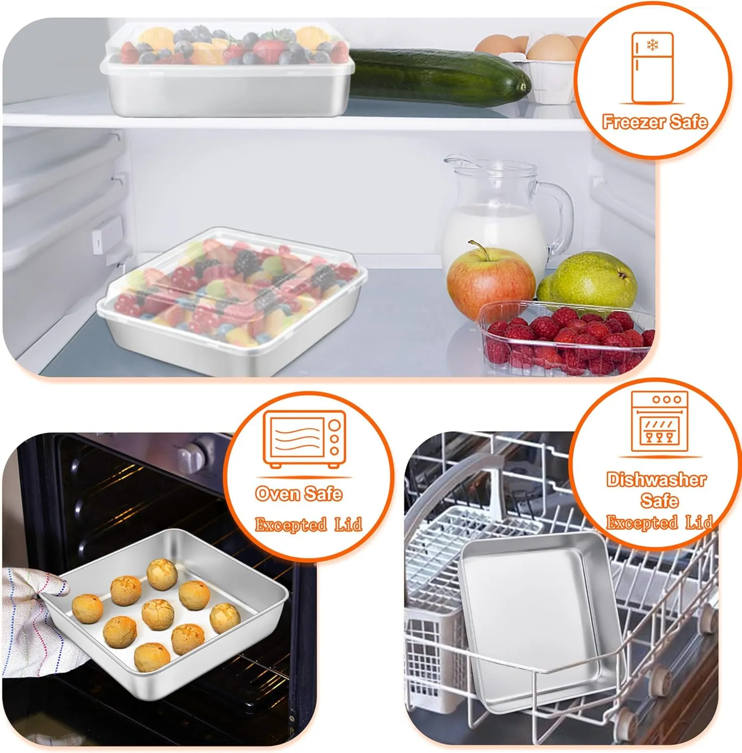 TeamFar Square Cake Pan, (4 Pans   4 Lids) Stainless Steel 9 Inch Square Baking Roasting Pan for Brownie Lasagna Cake, Non-Toxic & Heavy Duty, Easy Clean & Dishwasher Safe