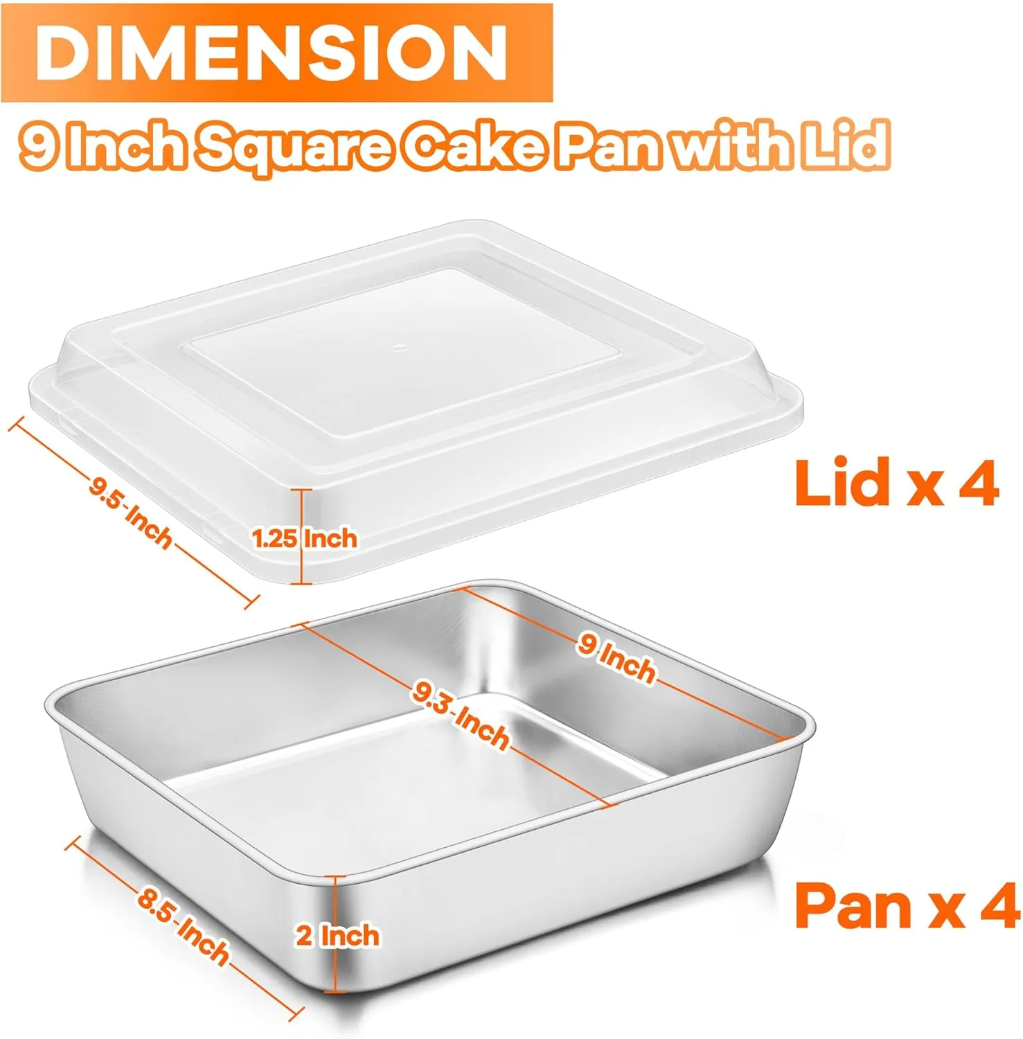 TeamFar Square Cake Pan, (4 Pans   4 Lids) Stainless Steel 9 Inch Square Baking Roasting Pan for Brownie Lasagna Cake, Non-Toxic & Heavy Duty, Easy Clean & Dishwasher Safe