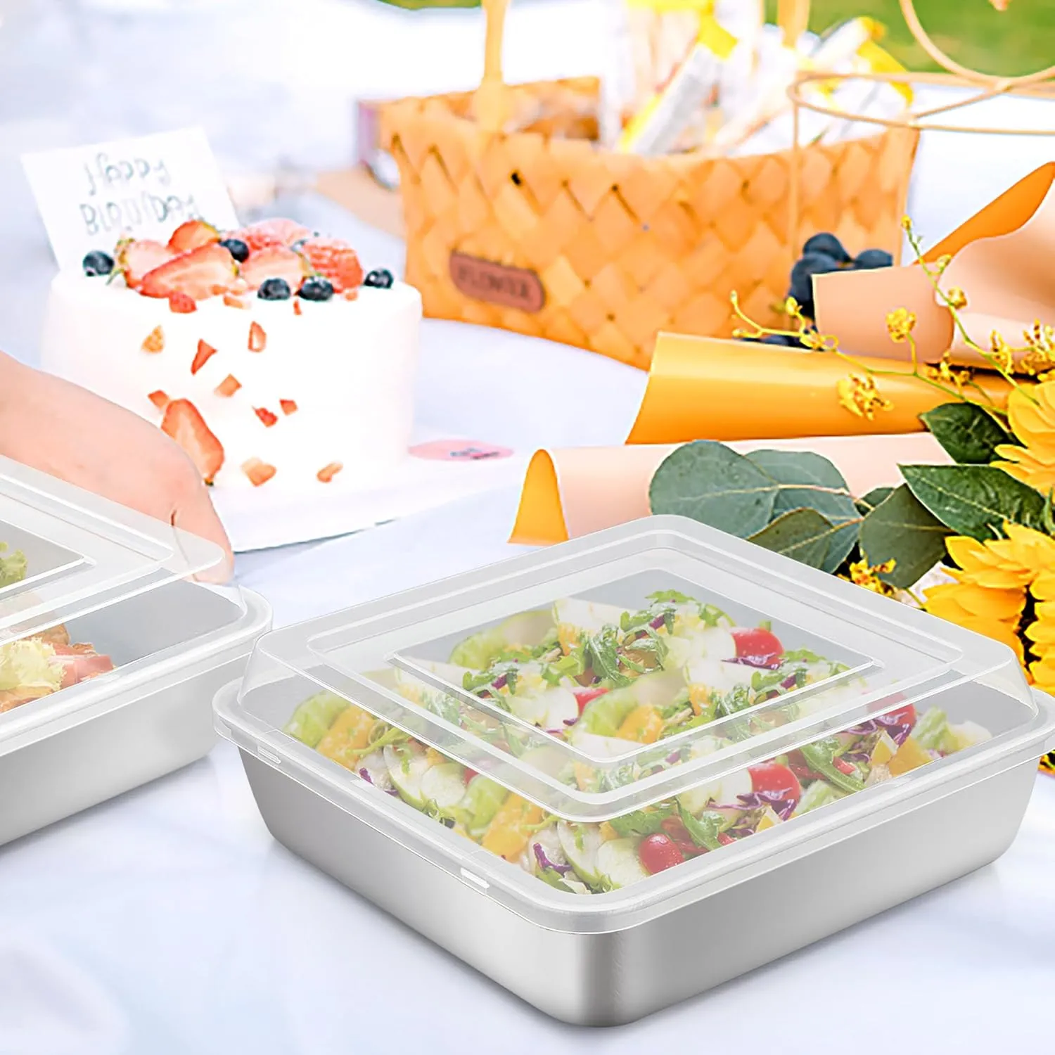 TeamFar Square Cake Pan, (4 Pans   4 Lids) Stainless Steel 9 Inch Square Baking Roasting Pan for Brownie Lasagna Cake, Non-Toxic & Heavy Duty, Easy Clean & Dishwasher Safe