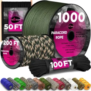 TECEUM Paracord Rope 750 lb – 1000ft / 200ft / 120ft / 100ft / 50ft – String Parachute Cord for Camping, Survival, Outdoor Gear – 35  Colors – Nylon Utility Rope – Tactical Survival & Camping Kit