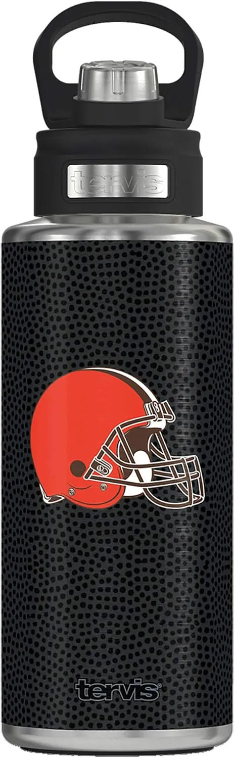 Tervis NFL Cleveland Browns - Black Leather Triple Walled Insulated Tumbler Travel Cup Keeps Drinks Cold, 32oz Wide Mouth Bottle, Stainless Steel