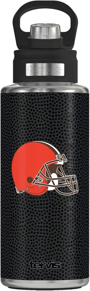 Tervis NFL Cleveland Browns - Black Leather Triple Walled Insulated Tumbler Travel Cup Keeps Drinks Cold, 32oz Wide Mouth Bottle, Stainless Steel