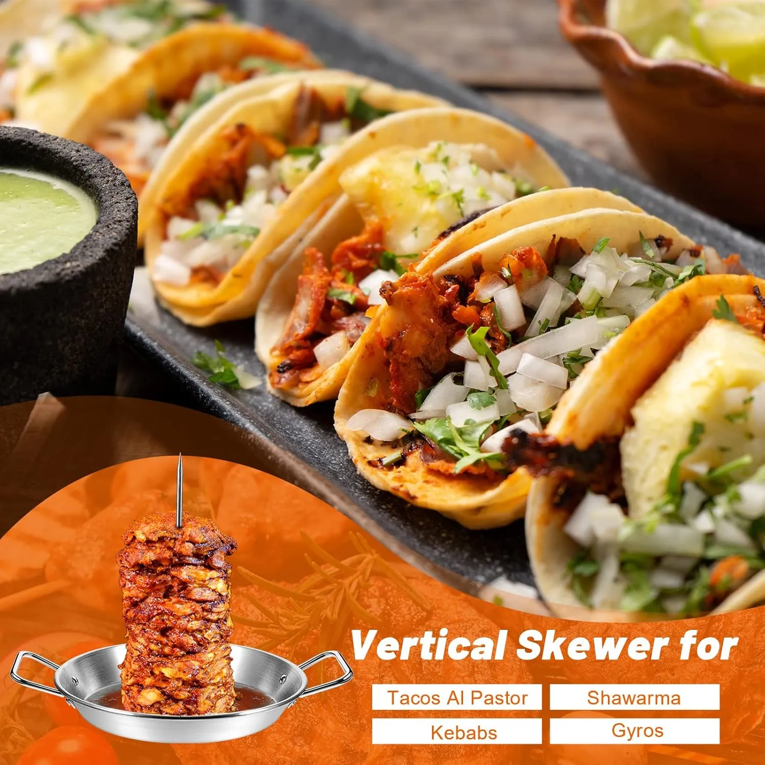 Tessco 1 Set 10 Inch Vertical Skewer Al Pastor Rotisserie Pan Gyro Spit Shawarma Stand for Oven Stainless Steel BBQ Kebabs Skewer with Removable Size Spikes for Tacos Al Pastor