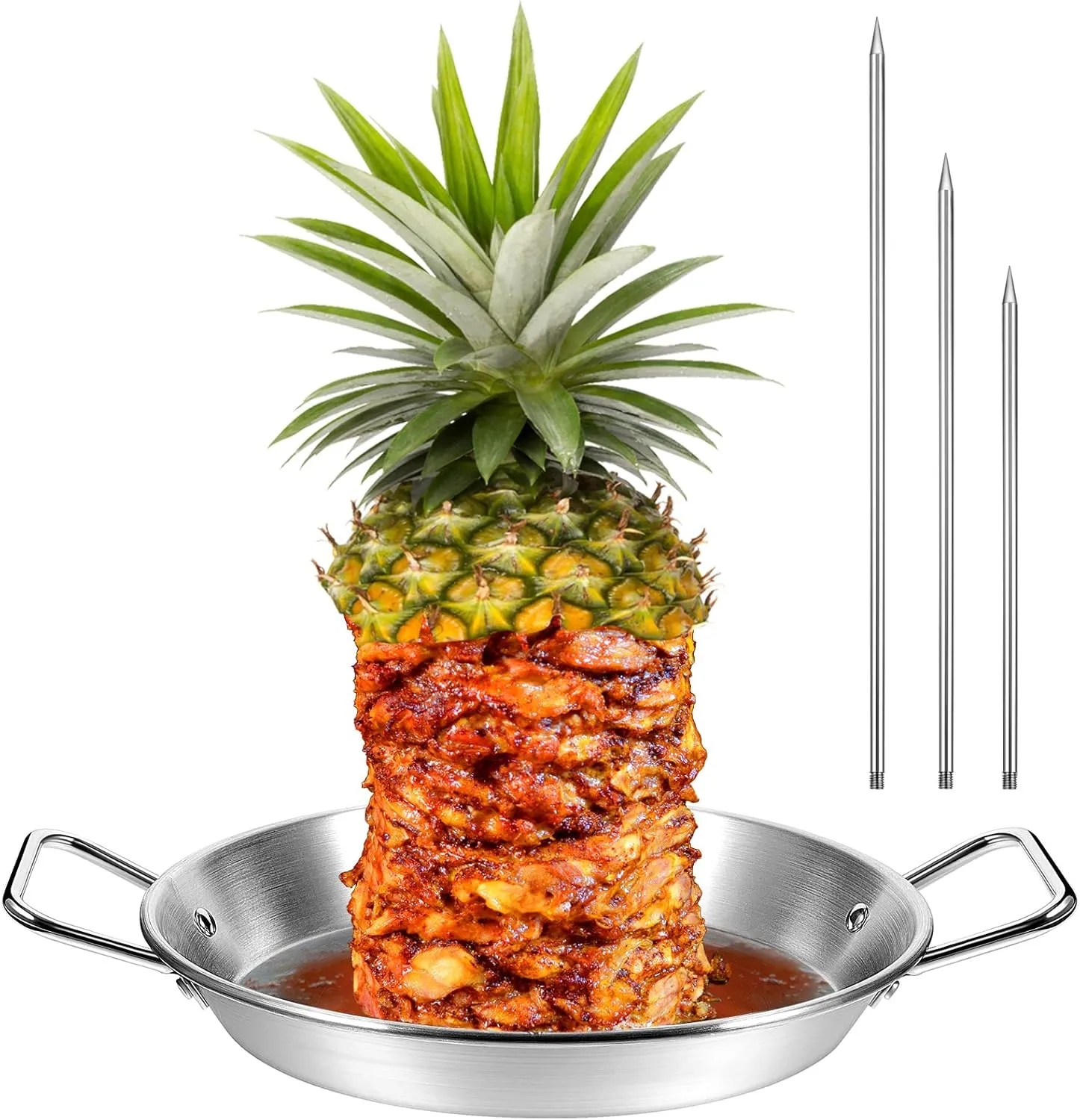 Tessco 1 Set 10 Inch Vertical Skewer Al Pastor Rotisserie Pan Gyro Spit Shawarma Stand for Oven Stainless Steel BBQ Kebabs Skewer with Removable Size Spikes for Tacos Al Pastor