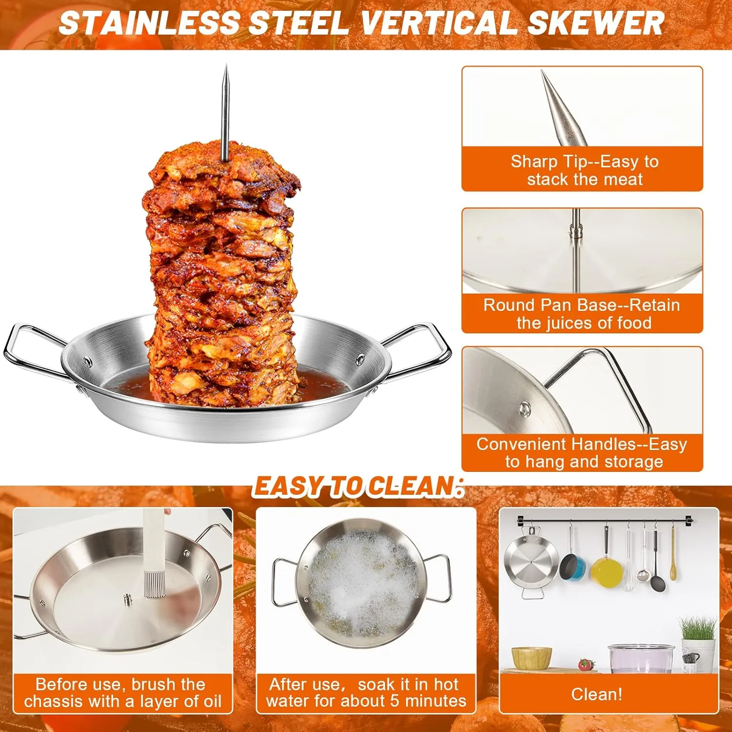 Tessco 1 Set 10 Inch Vertical Skewer Al Pastor Rotisserie Pan Gyro Spit Shawarma Stand for Oven Stainless Steel BBQ Kebabs Skewer with Removable Size Spikes for Tacos Al Pastor