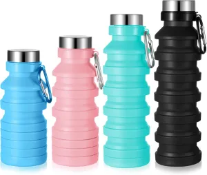 Tessco 4 Pack Collapsible Water Bottle for Traveling Foldable Water Bottles Reusable Silicone Portable Leak Proof Waterbottle with Clip for Adults Hiking Camping Gym Sports, 18.6 oz(Bright Color)