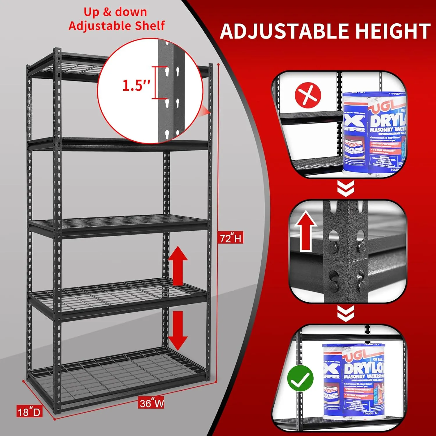 The Atlas 36" W x 18" D x 72" H Adjustable Garage Storage Shelves Load 4000 lbs, 5 Tier Heavy Duty Shelving Unit, Metal Utility Storage Rack for Warehouse Pantry Basement Kitchen, Black
