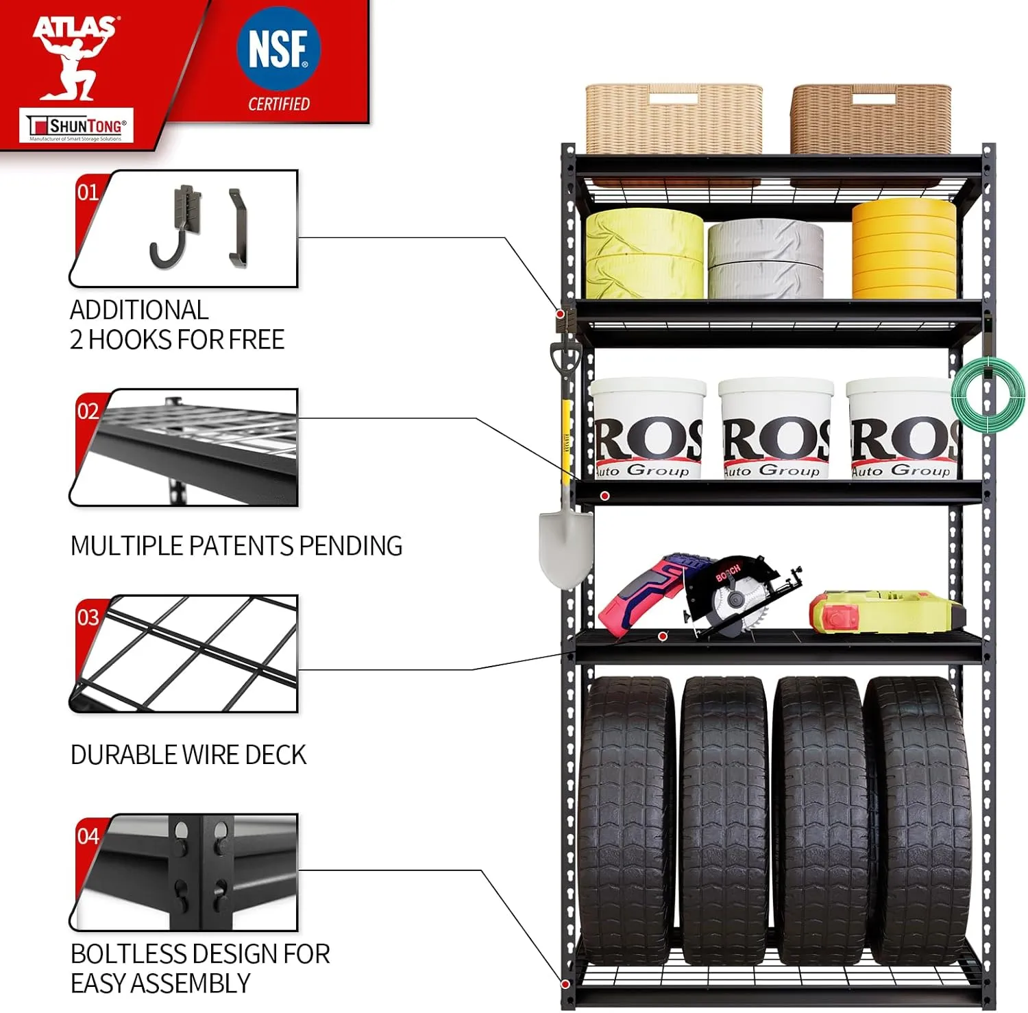 The Atlas 36" W x 18" D x 72" H Adjustable Garage Storage Shelves Load 4000 lbs, 5 Tier Heavy Duty Shelving Unit, Metal Utility Storage Rack for Warehouse Pantry Basement Kitchen, Black