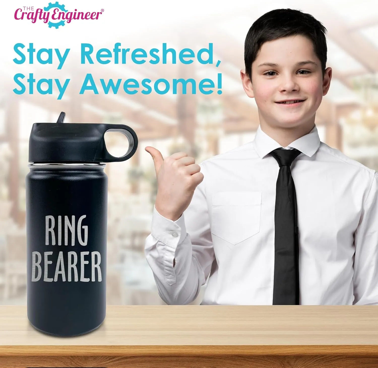 The Crafty Engineer Flower Girl or Ring Bearer Kids Water Bottle - Insulated - The Perfect Proposal Gift - 12 oz - Black (Ring Security)