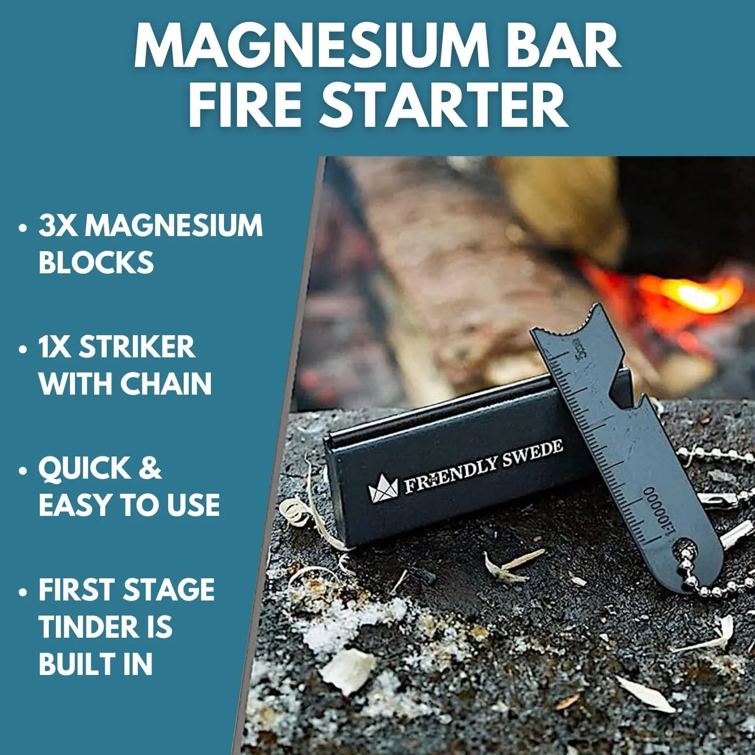 The Friendly Swede Magnesium Fire Starter Kit 3-Pack — Flint and Steel Fire Starter Survival Tool; Weatherproof Firestarter for Camping, Hiking & BBQs; Flint and Steel Magnesium Bar; 6-in-1 Striker