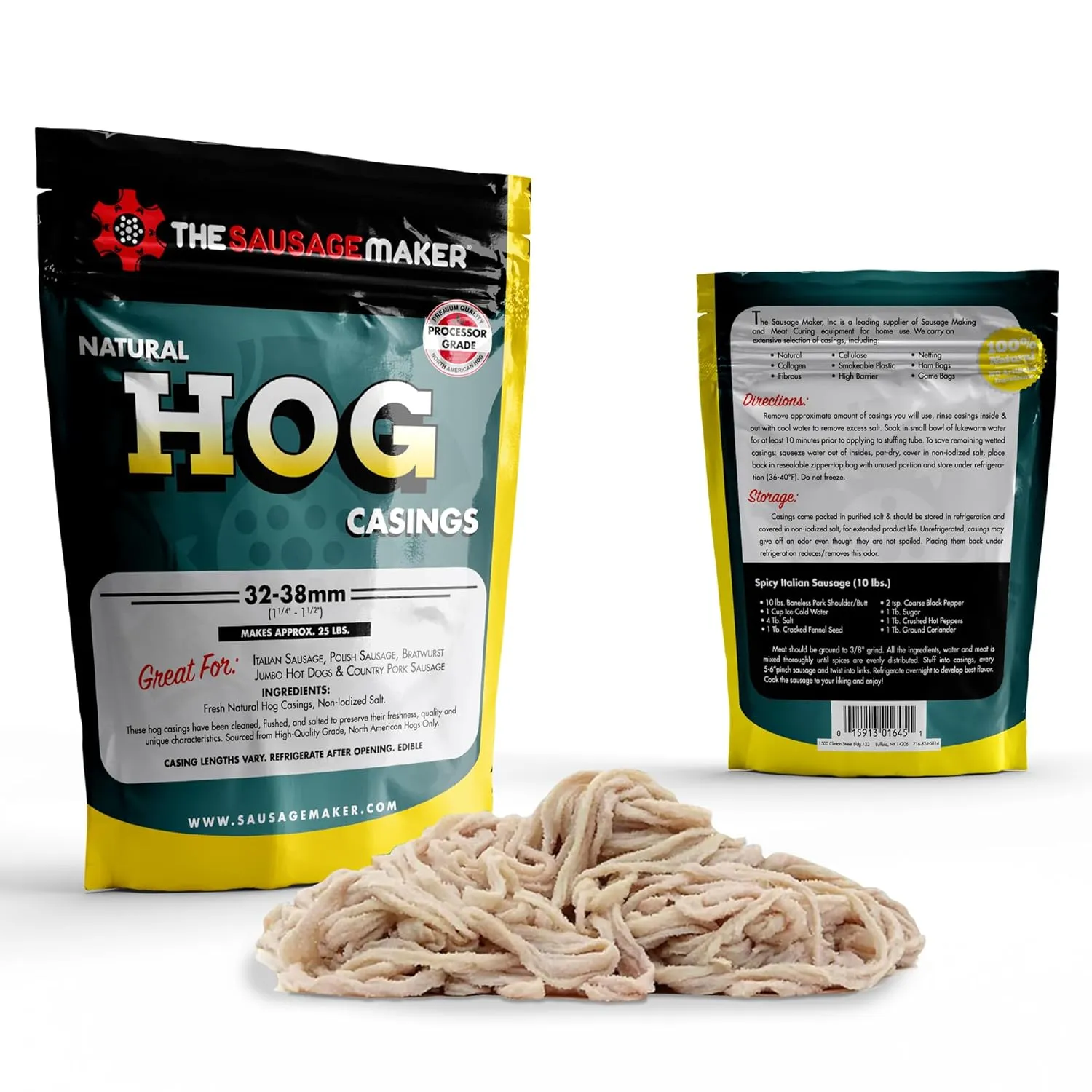 The Sausage Maker® Natural Hog Sausage Casings 32-38mm, Edible Casing For Sausage Making, Stuff Over 25 Lbs Meat, Breakfast, Italian, Polish, Bratwurst, Hot Dog, Pork Links, 1.2-1.5" Dia, Home Pack-1