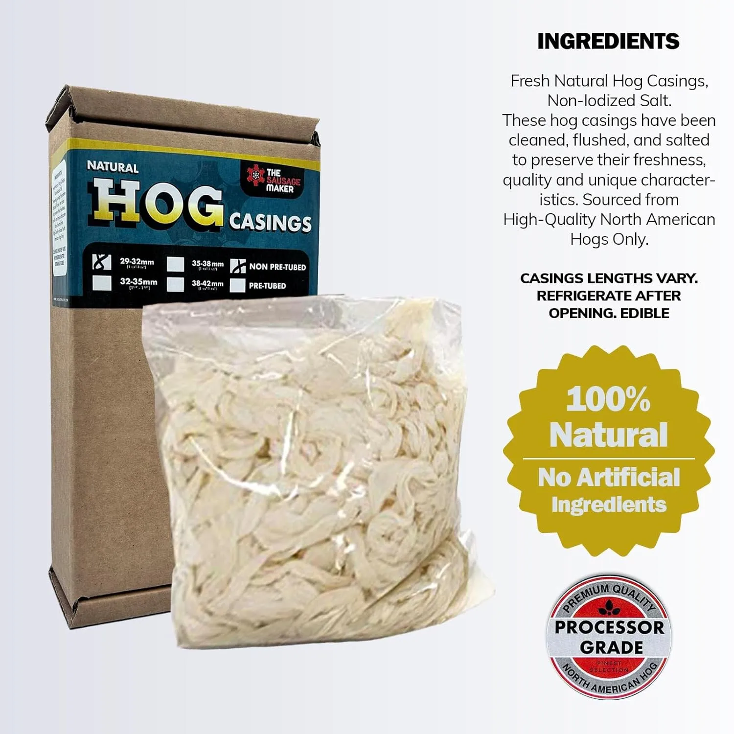 The Sausage Maker Natural Hog Sausage Casings 35 To 38 MM Butcher Pack, Makes 90 Lb Meat, North American Edible Pork Casing For Links, Kielbasa, Pepperoni, Knockwurst, Rope Sausages, 1 3/8"-1 1/2" Dia