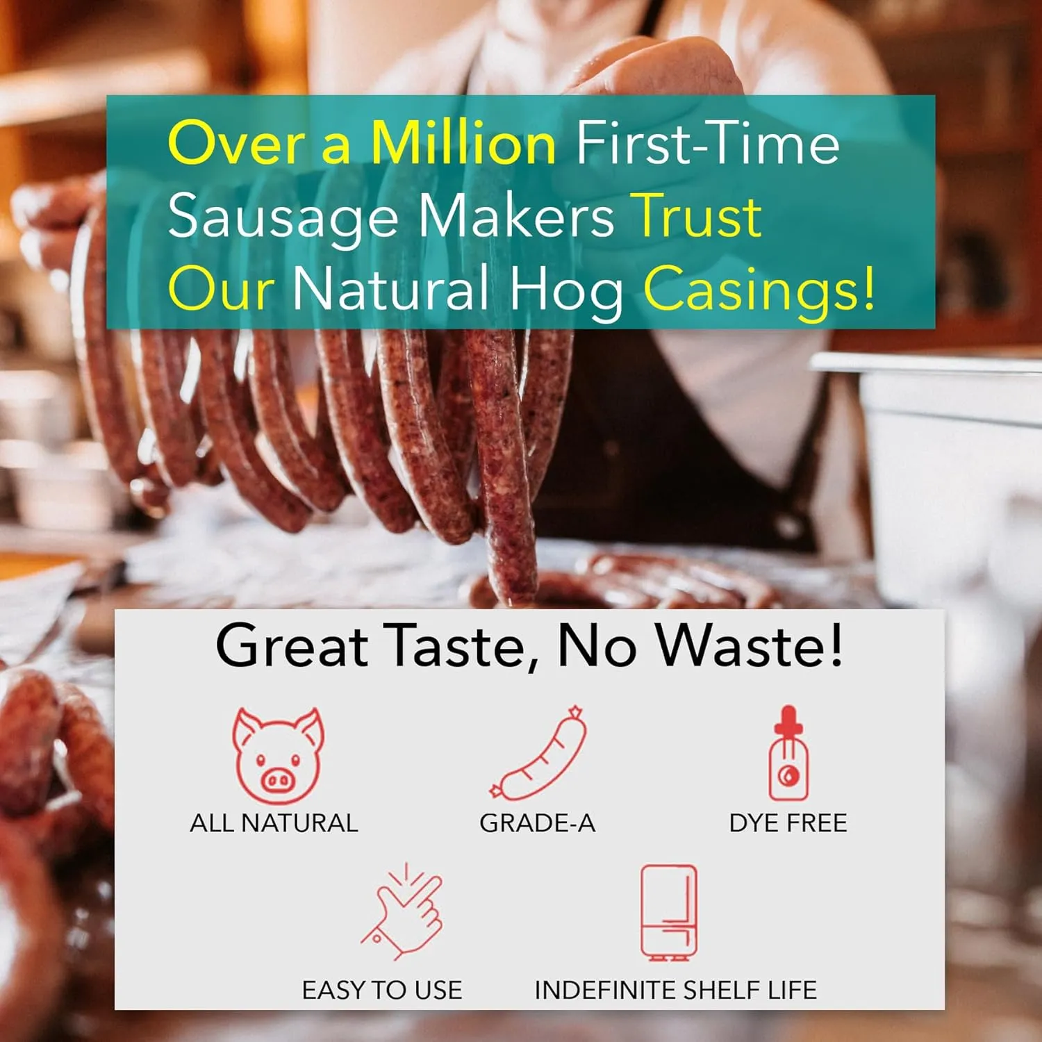 The Sausage Maker Natural Hog Sausage Casings 35 To 38 MM Butcher Pack, Makes 90 Lb Meat, North American Edible Pork Casing For Links, Kielbasa, Pepperoni, Knockwurst, Rope Sausages, 1 3/8"-1 1/2" Dia