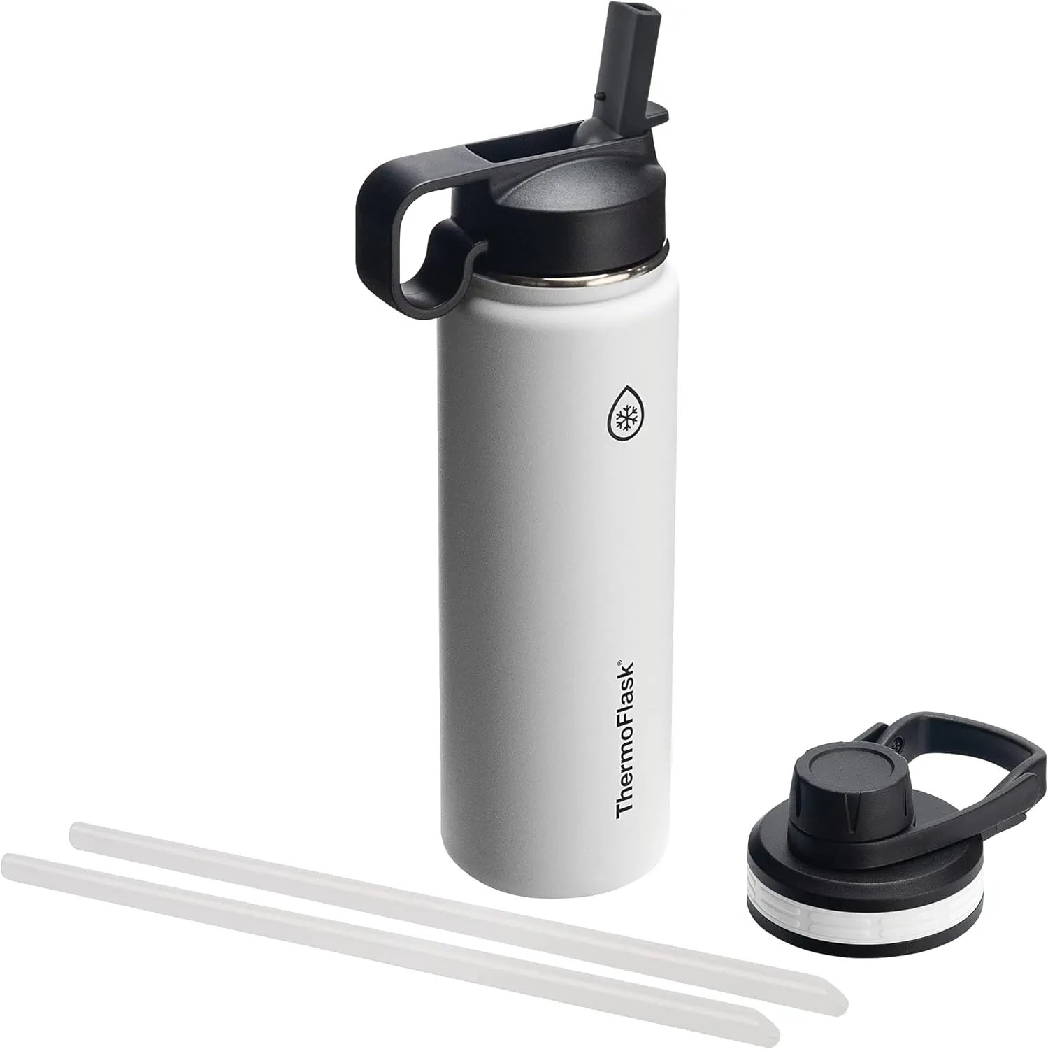 Thermoflask Double Stainless Steel Insulated Water Bottle with Two Lids, 24 Ounce, White
