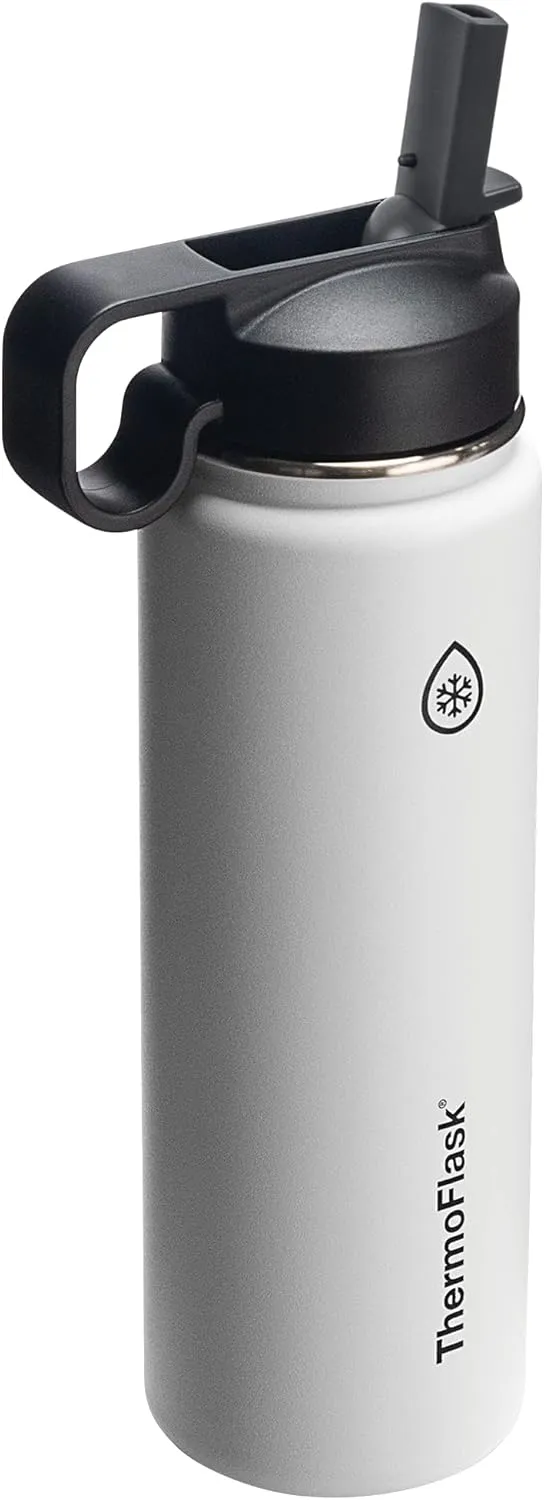 Thermoflask Double Stainless Steel Insulated Water Bottle with Two Lids, 24 Ounce, White