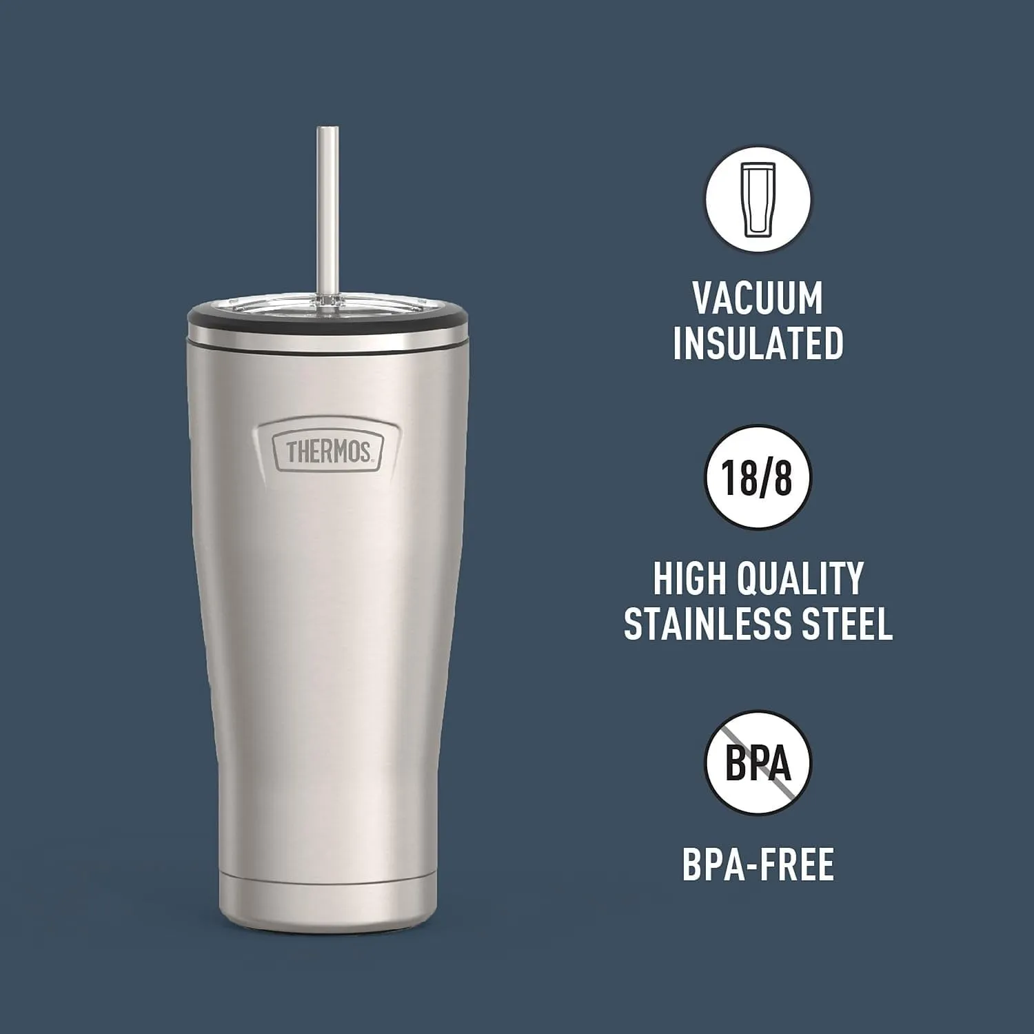 THERMOS ICON SERIES, Stainless Steel Cold Tumbler with Lid and Straw - 24 Ounce, Matte Stainless Steel - Vacuum Insulated Tumbler