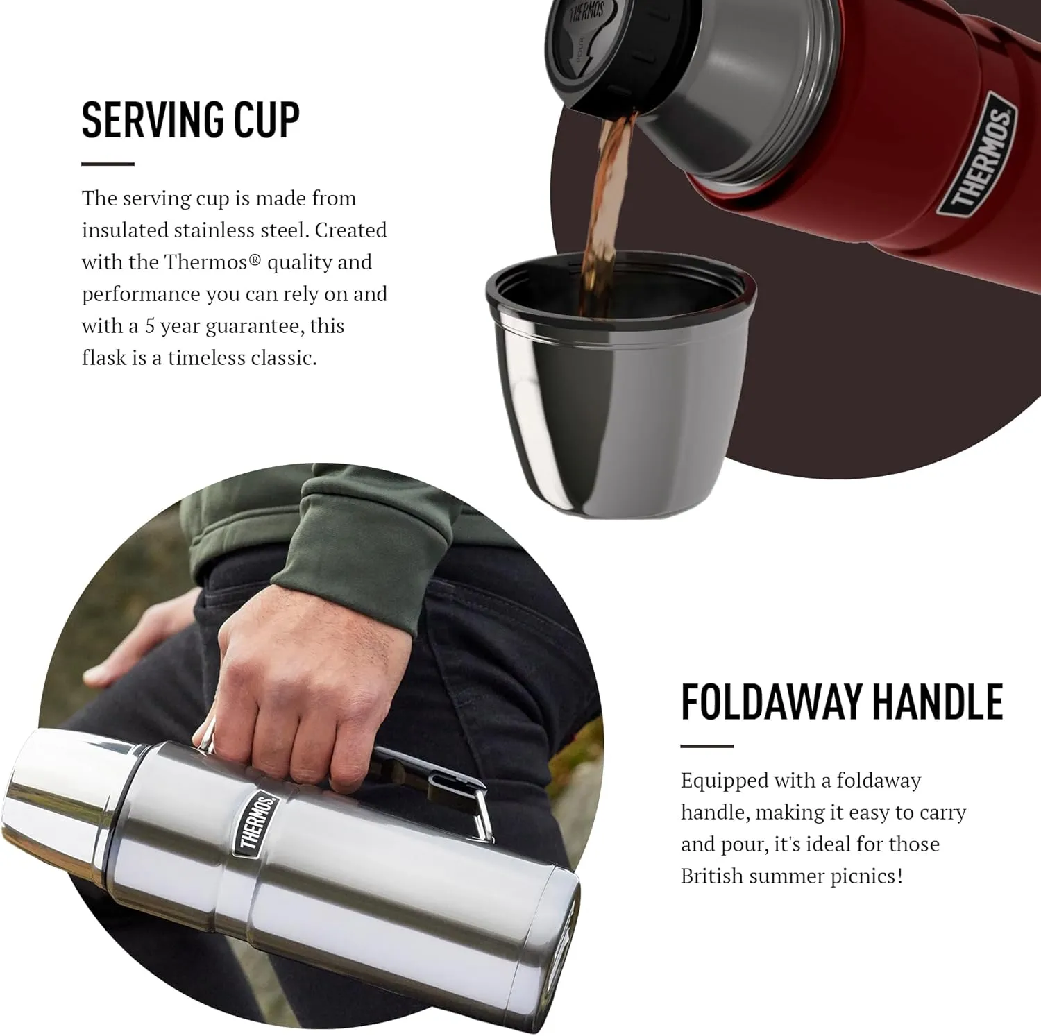 Thermos Stainless King 1.2L Multi-Purpose Flask - Original-Style Flask can be Used as Travel Mug or Insulated Water Bottle for Daily Commute & Weekend Adventures – Matt Black, 5-Year Warranty