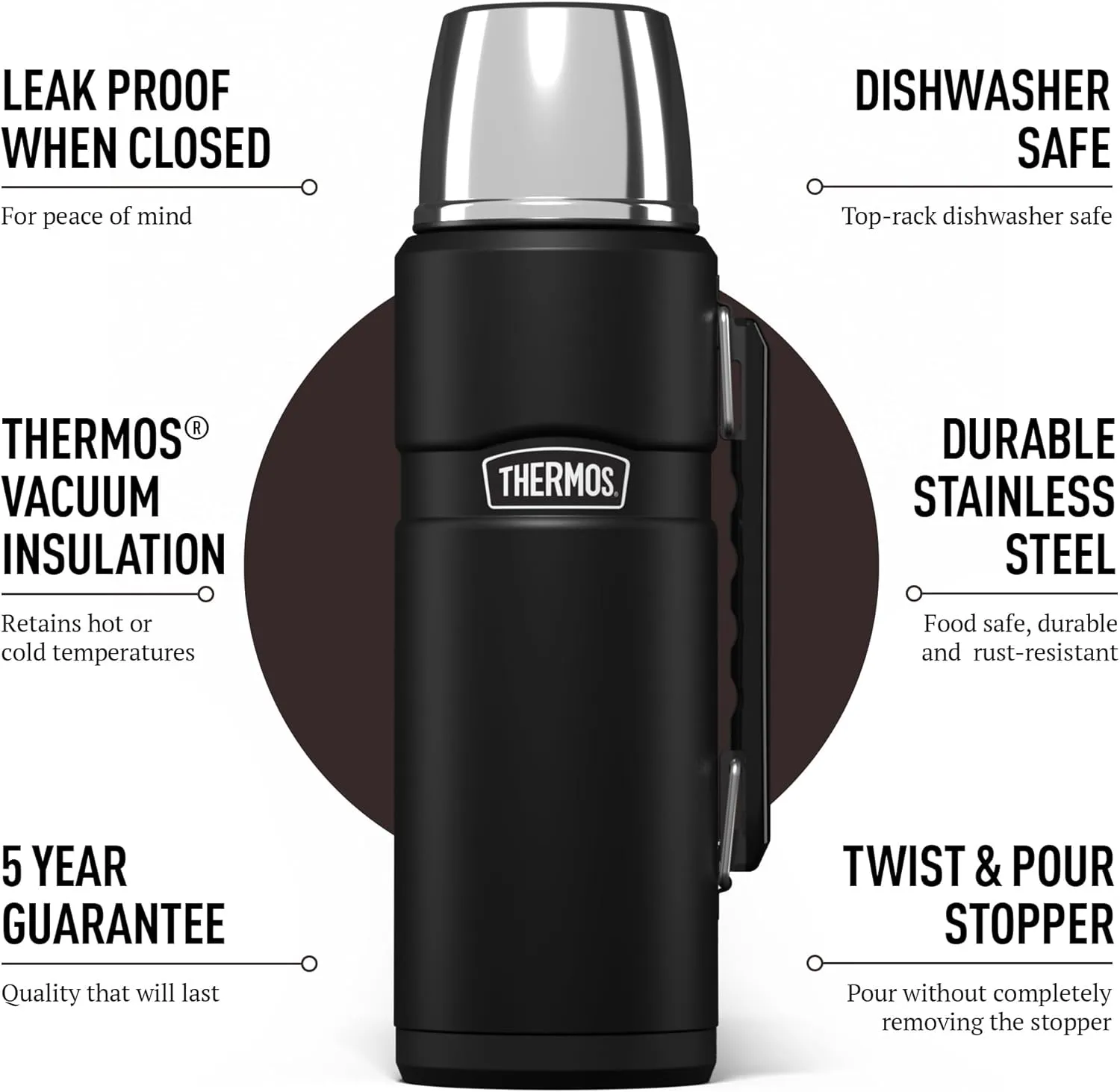 Thermos Stainless King 1.2L Multi-Purpose Flask - Original-Style Flask can be Used as Travel Mug or Insulated Water Bottle for Daily Commute & Weekend Adventures – Matt Black, 5-Year Warranty