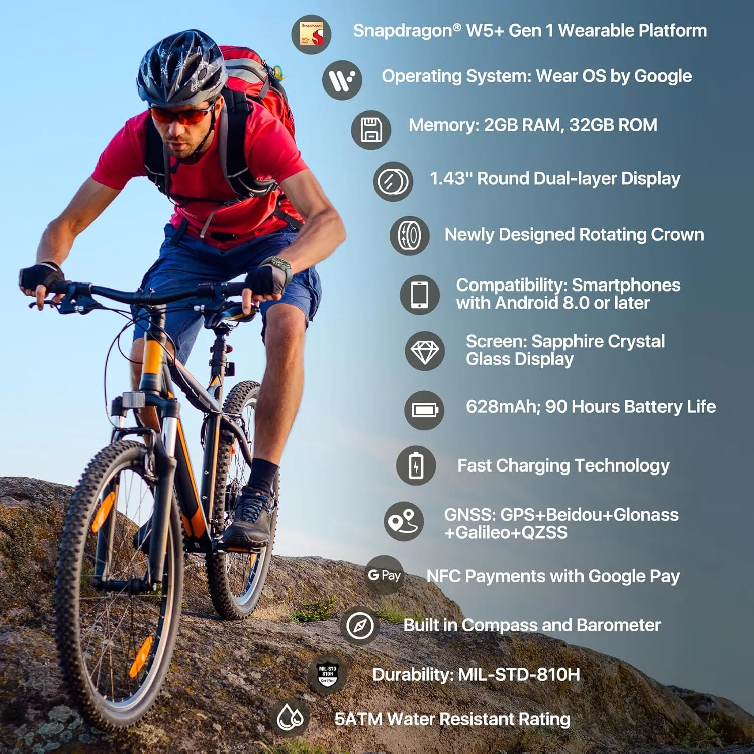 Ticwatch Pro 5 Enduro Smartwatch for Men 1.43" Android Wear OS Smart Watch 90 Hrs Battery 110  Workout Modes Health Fitness Tracker Outdoor 5ATM GPS Compass Android Compatible Only