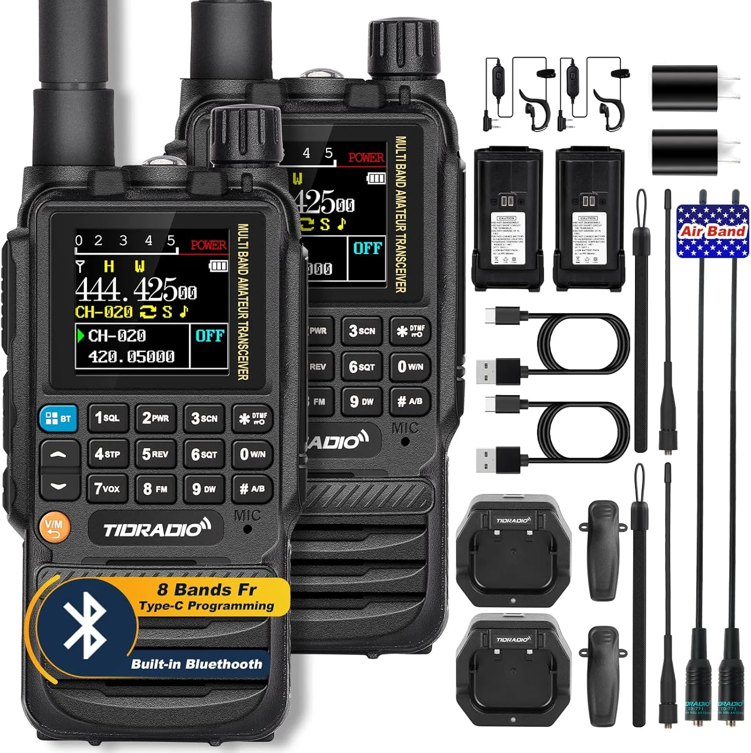 TIDRADIO TD-H3 GMRS Radios Handheld, Type C & Wireless Programming, 8-Band Walkie Walkies Long Range, Rechargeable Two Way Radios - Air Band, Frequency Copy, DTMF Lock,NOAA FM AM-Full Kit 2 Pack