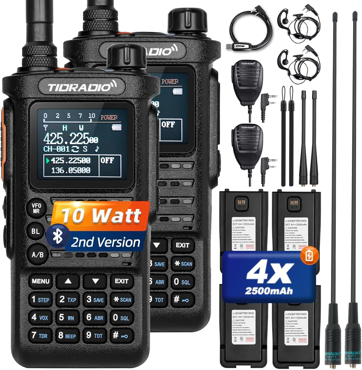 TIDRADIO TD-H8 10W Ham Radio Handheld, APP Wireless Programming, NOAA Weather Long Range Walkie Talkies 2500mAh Battery (4 pcs), Portable Two-Way Radios with Programming Cable& Speaker Mic-2pack